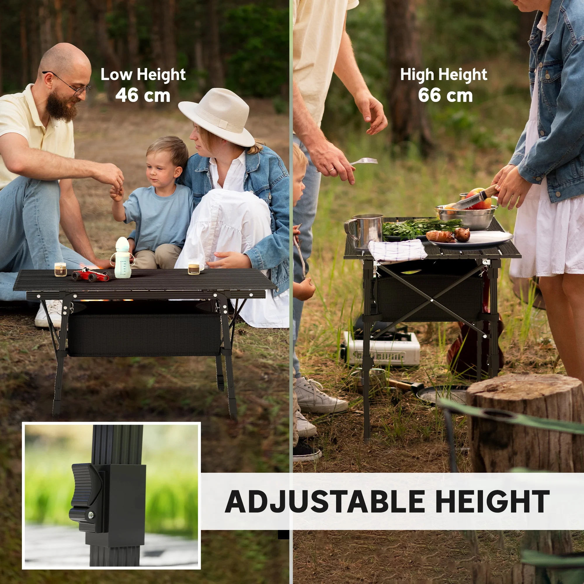 Outsunny Folding Camping Table w/ Adjustable Height, Storage Basket, Black - Image 4