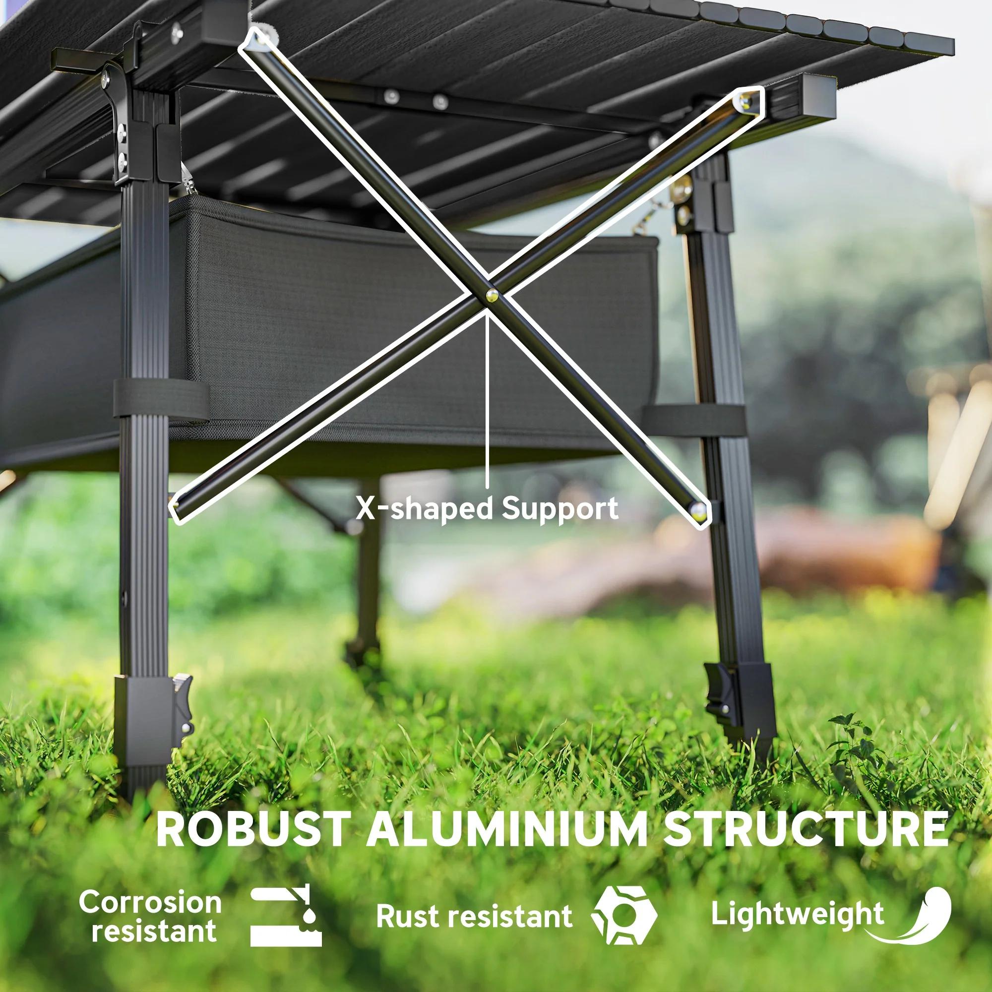 Outsunny Folding Camping Table w/ Adjustable Height, Storage Basket, Black - Image 6