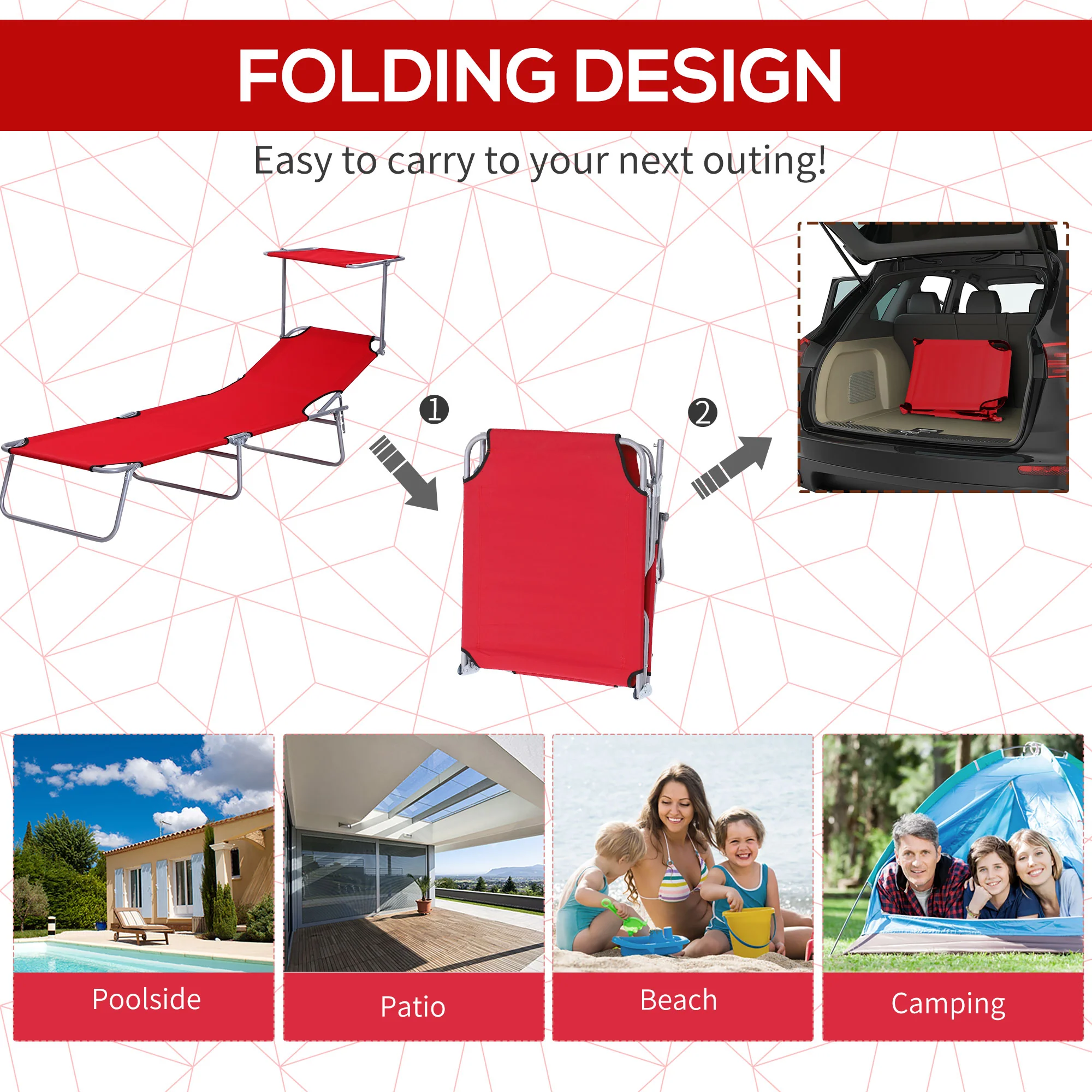 Outsunny Folding Chair Sun Lounger w/ Sunshade Garden Recliner Hammock Red - Image 4