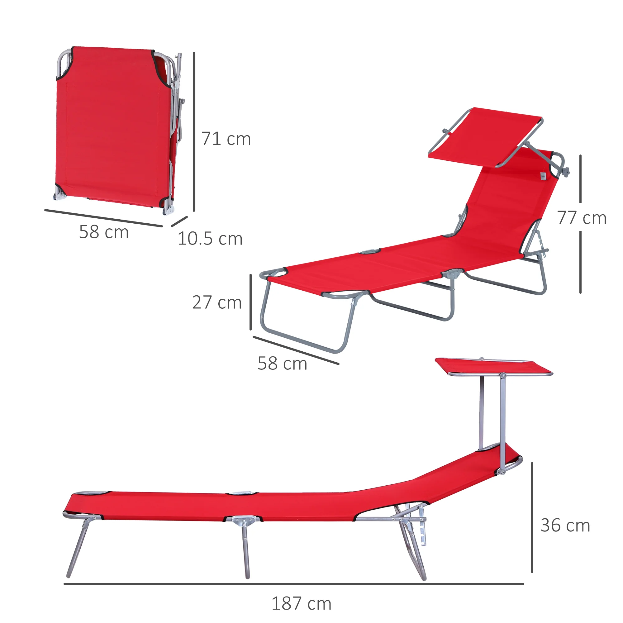 Outsunny Folding Chair Sun Lounger w/ Sunshade Garden Recliner Hammock Red - Image 5