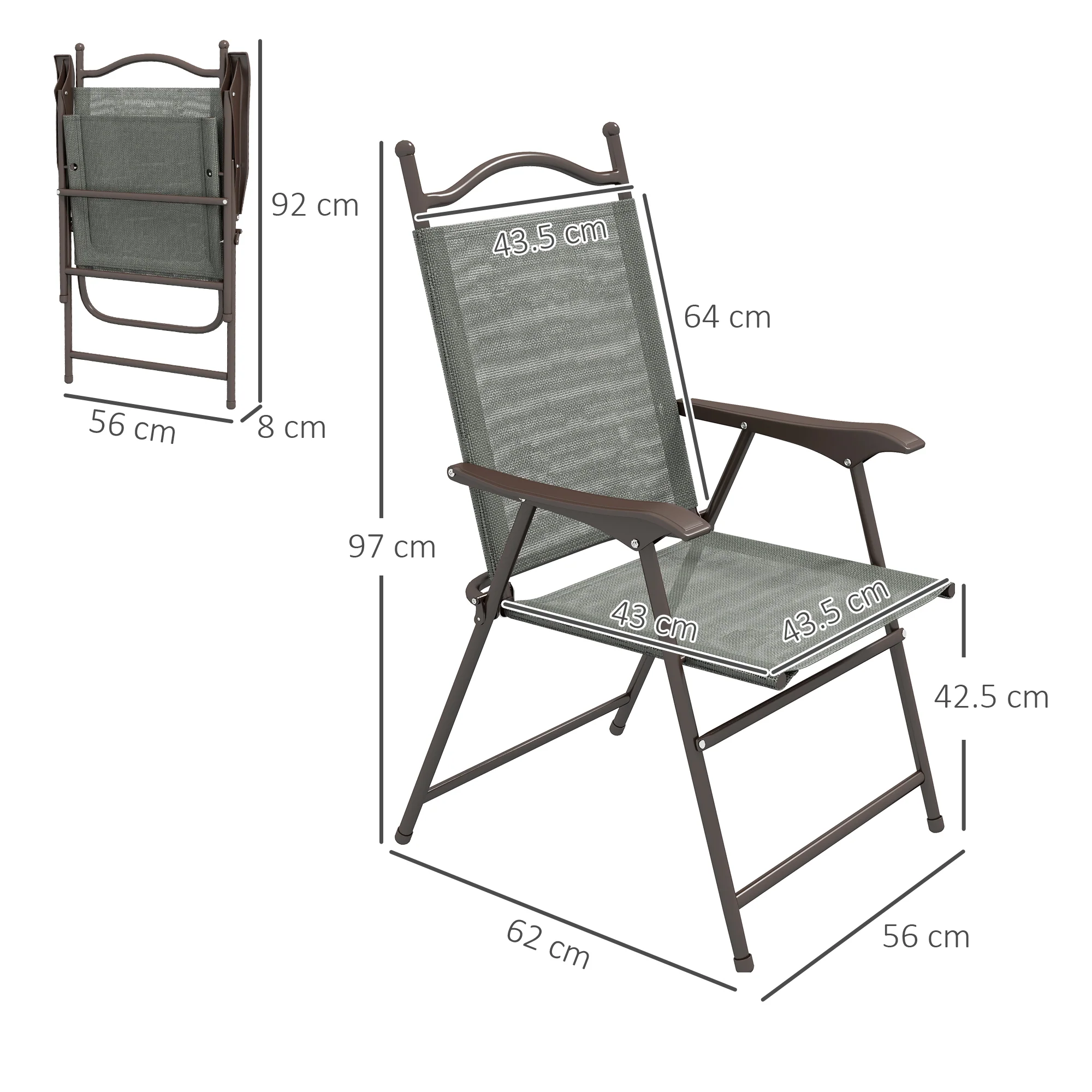Outsunny Folding Chairs Set W/ Armrest, Breathable Mesh Fabric Seat - Grey/Brown - Image 13