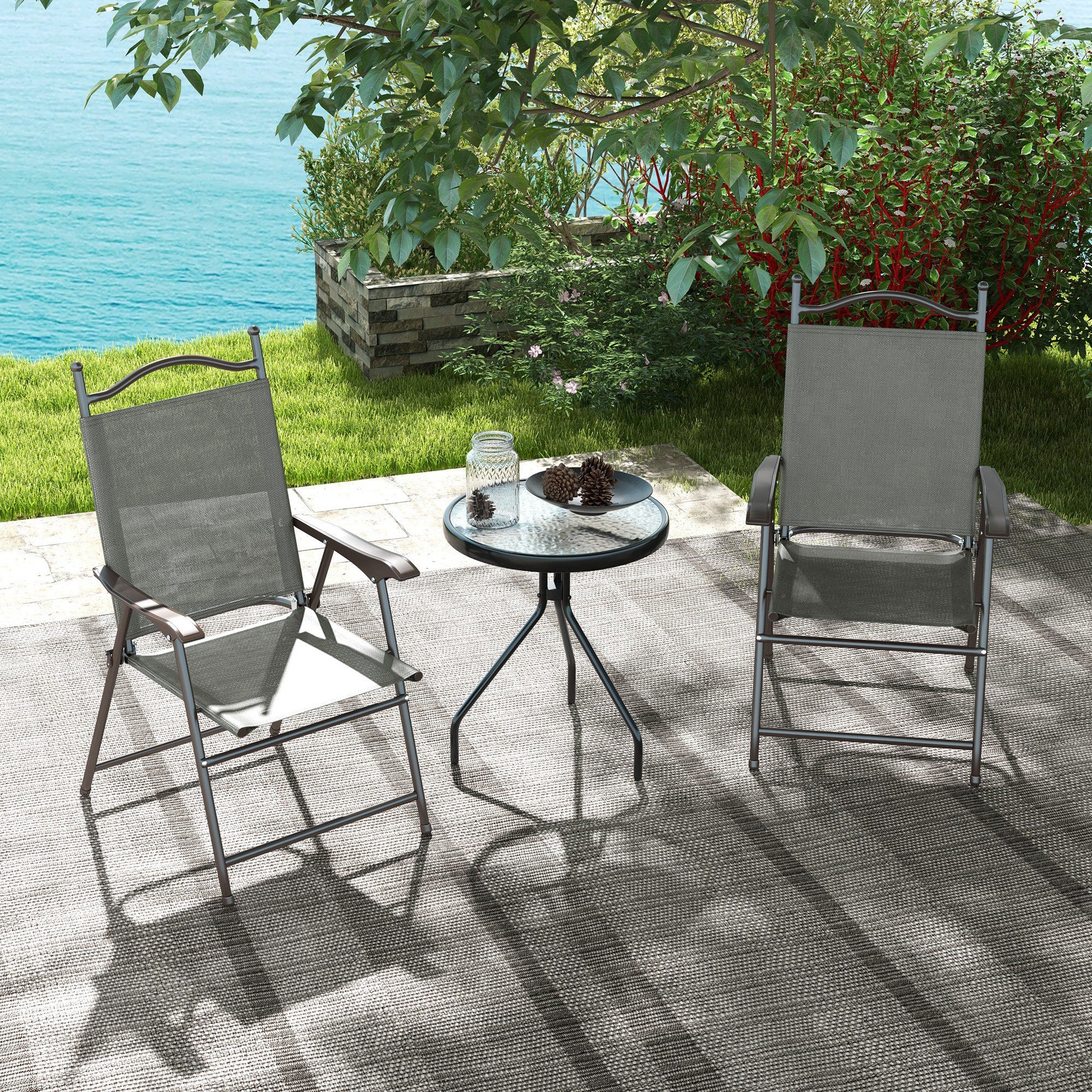 Outsunny Folding Chairs Set W/ Armrest, Breathable Mesh Fabric Seat - Grey/Brown - Image 15