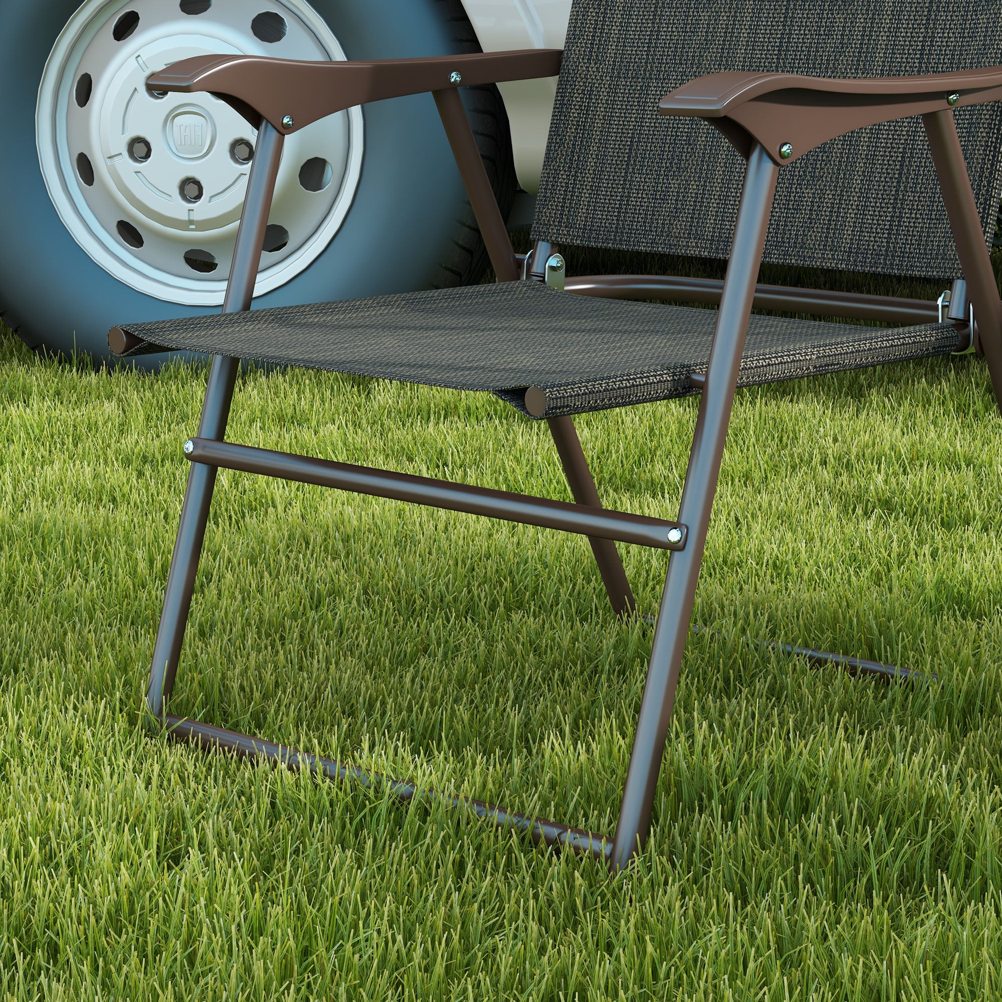 Outsunny Folding Chairs Set W/ Armrest, Breathable Mesh Fabric Seat - Grey/Brown - Image 25