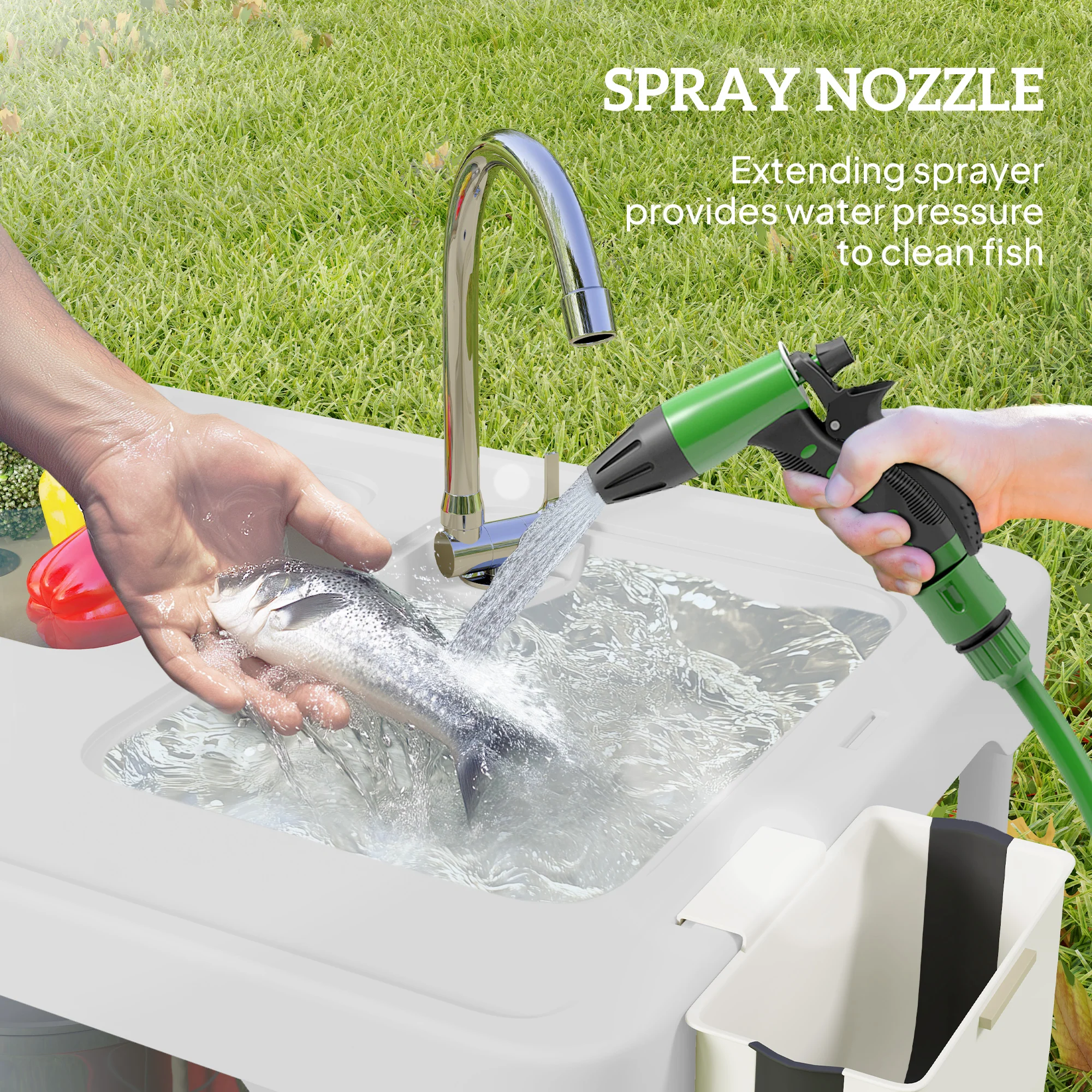 Outsunny Folding Fish Cleaning Table Camping Sink Table with Faucet, White - Image 4