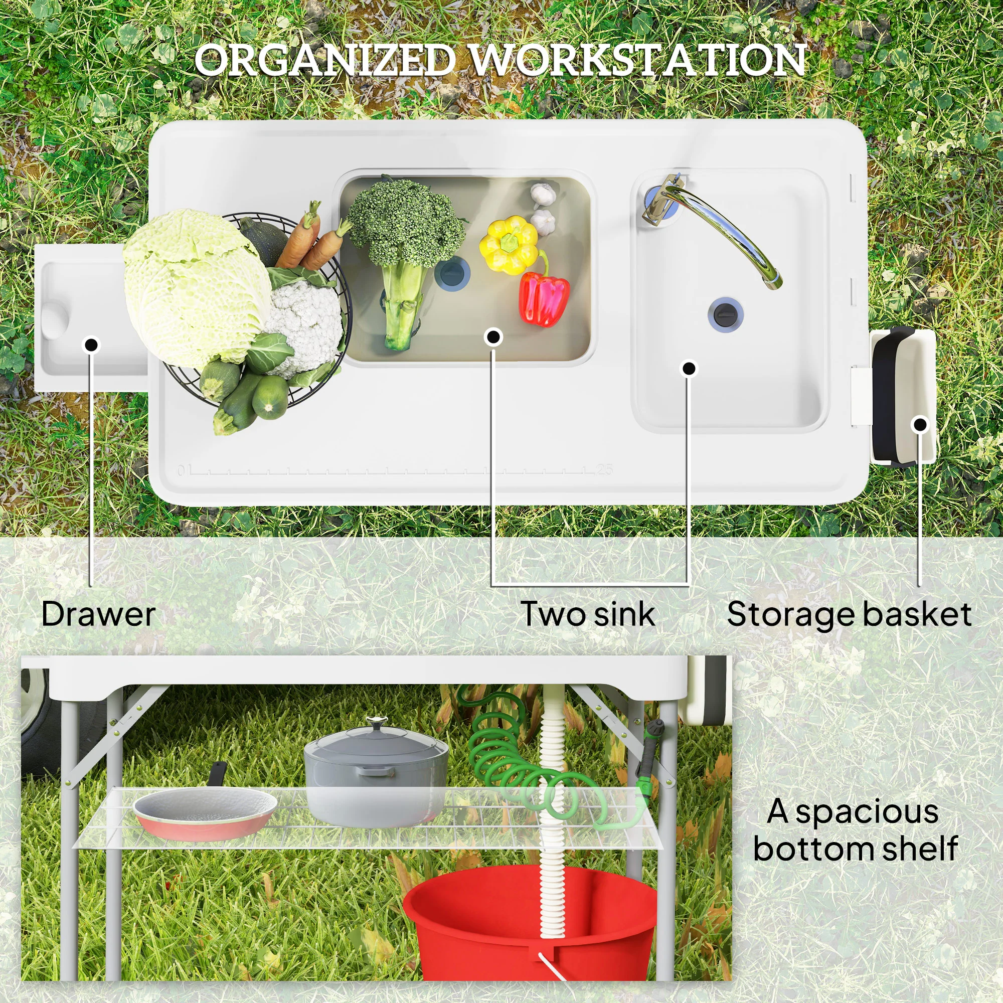 Outsunny Folding Fish Cleaning Table Camping Sink Table with Faucet, White - Image 6