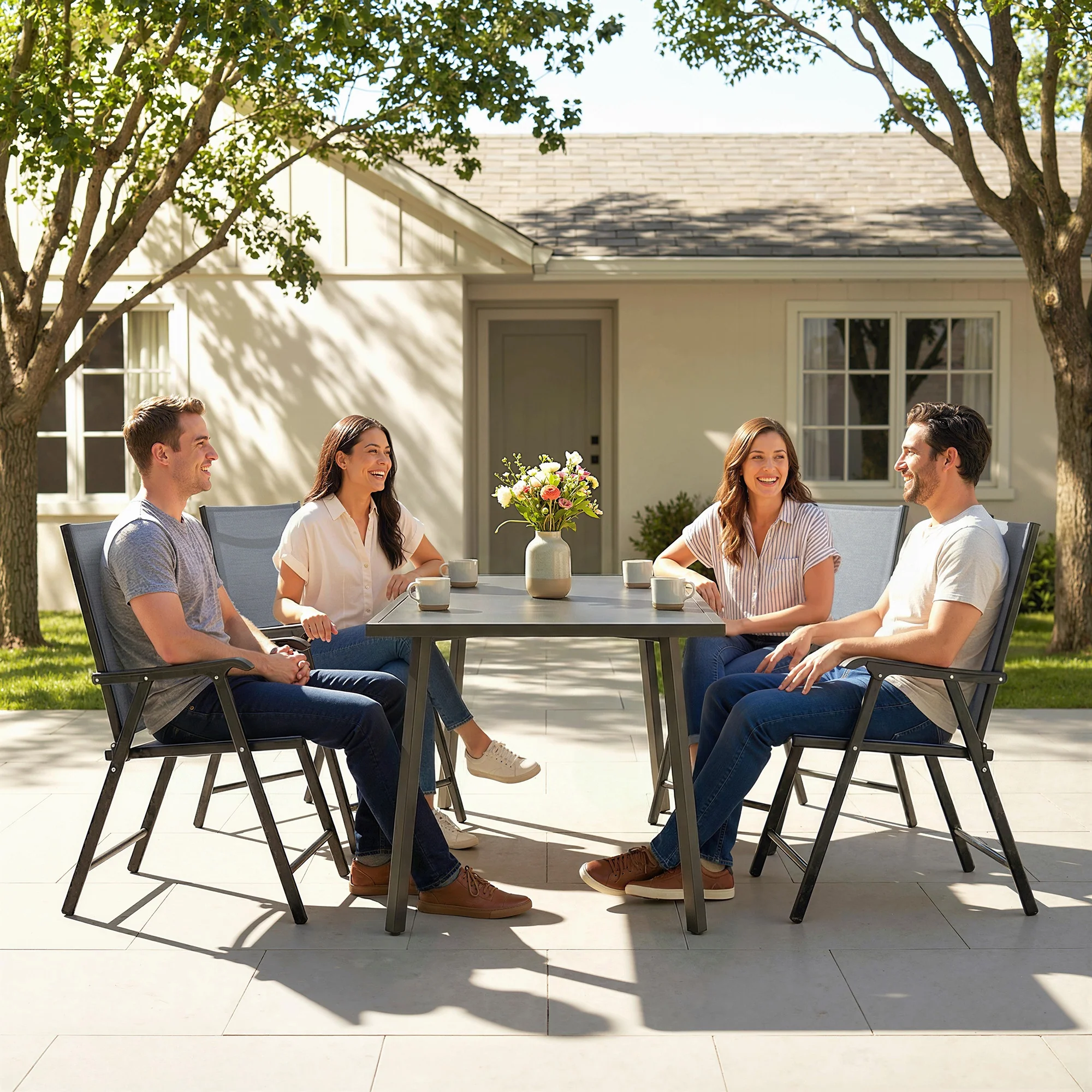 Outsunny Folding Garden Chairs Set of 4 with High Back, Armrests, Light Grey - Image 9