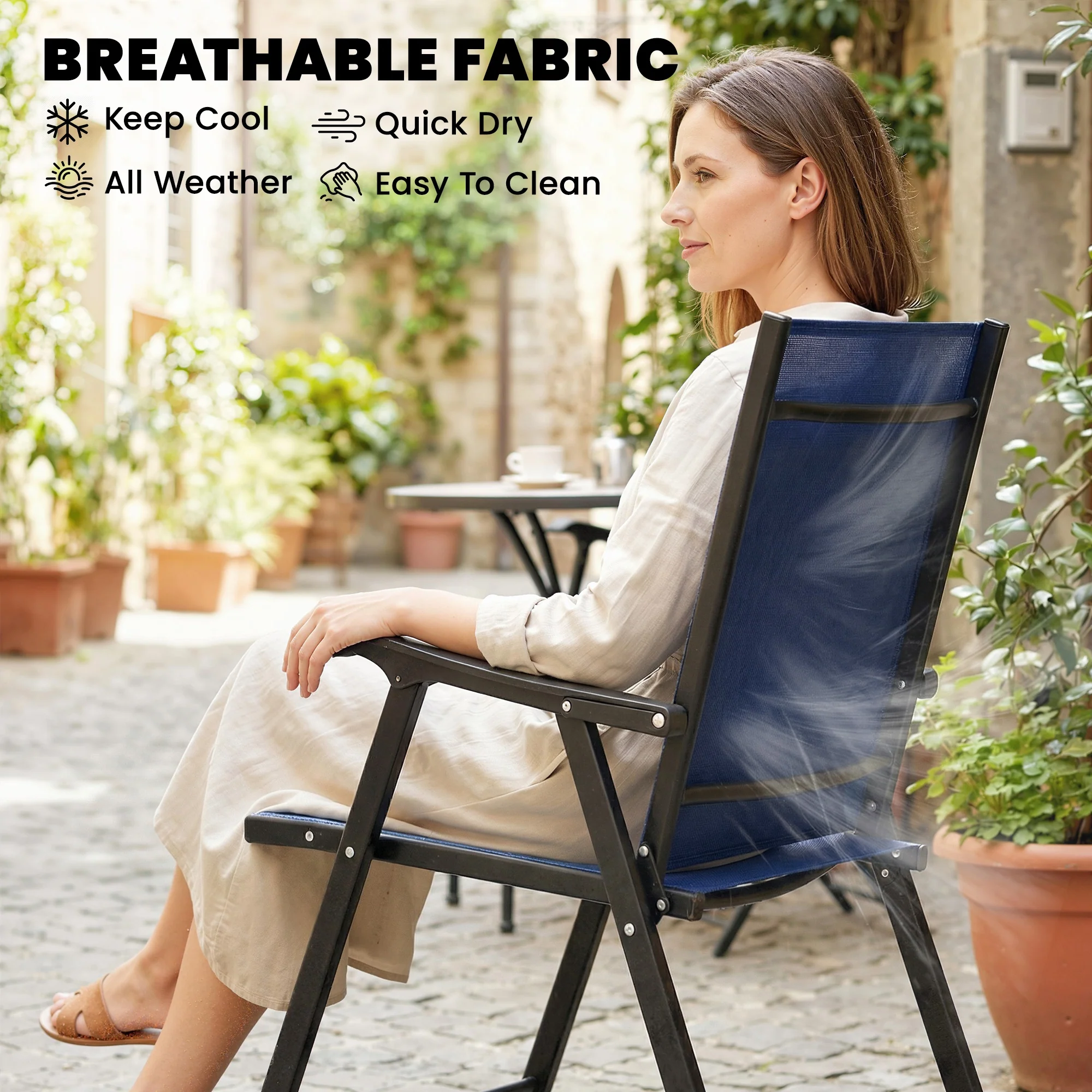 Outsunny Folding Garden Chairs Set of 4 with High Back, Armrests, Navy Blue - Image 6