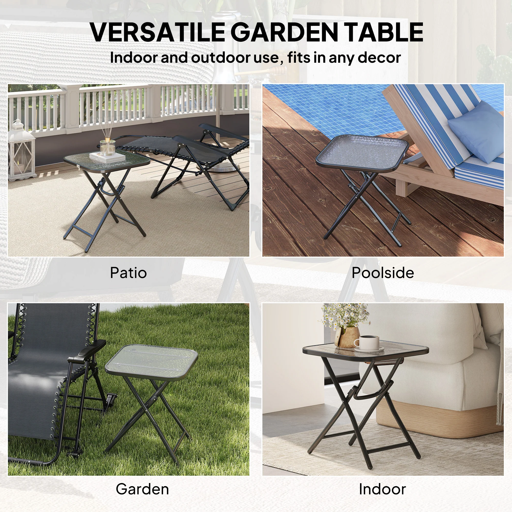 Outsunny Folding Garden Table Square Foldable Table with Safety Buckle Black - Image 5