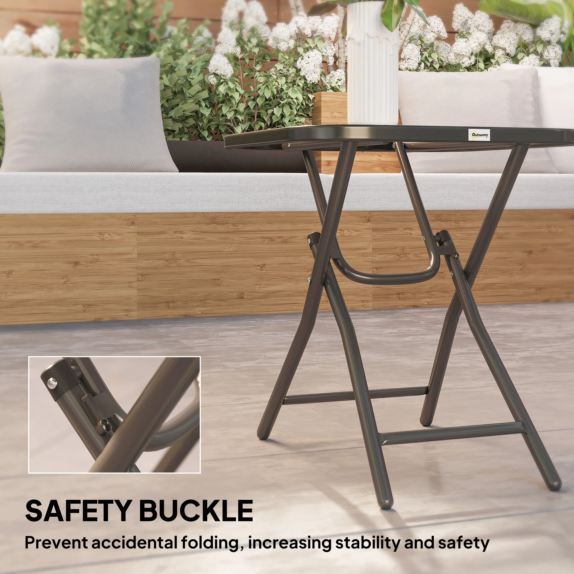 Outsunny Folding Garden Table Square Foldable Table with Safety Buckle Black - Image 6