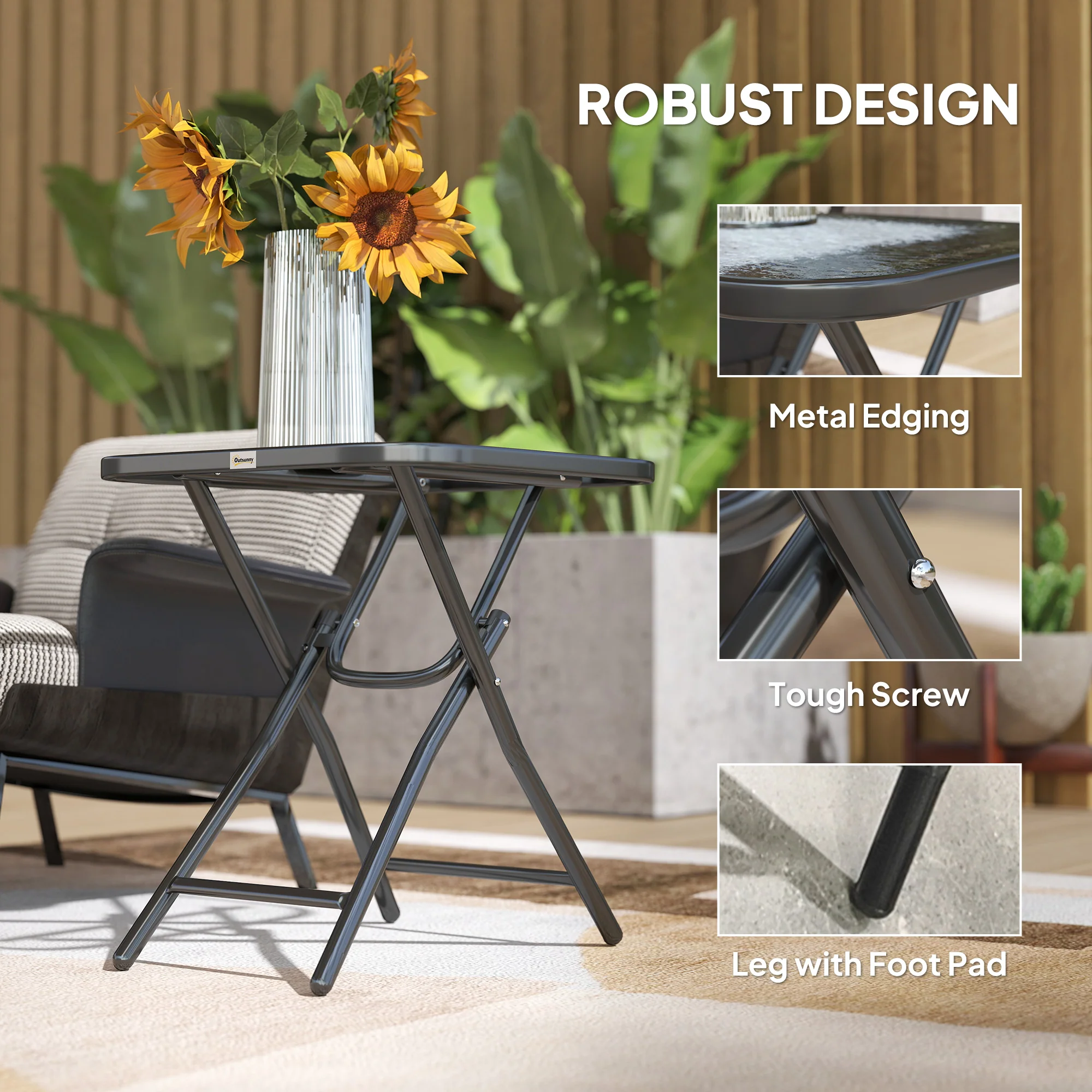Outsunny Folding Garden Table Square Foldable Table with Safety Buckle Black - Image 7