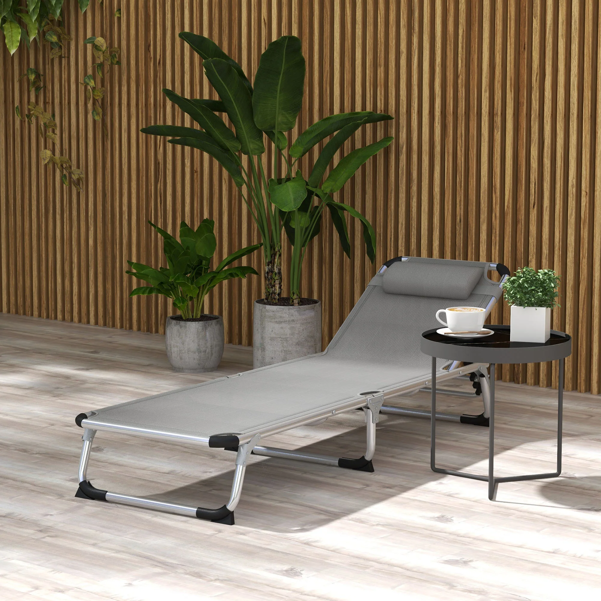 Outsunny Folding Outdoor Reclining Sun Lounger Chair Aluminium Frame Light Grey - Image 2