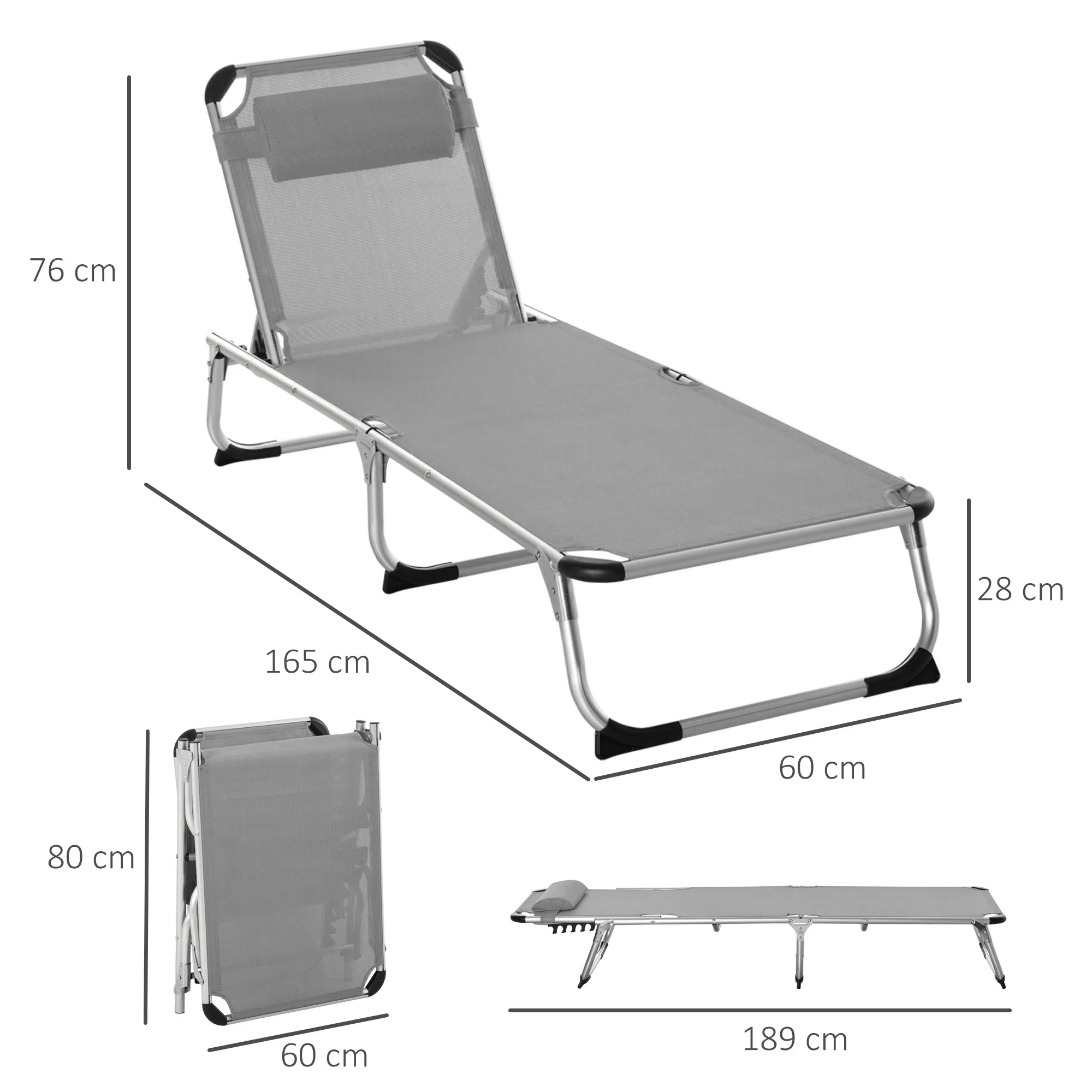 Outsunny Folding Outdoor Reclining Sun Lounger Chair Aluminium Frame Light Grey - Image 5