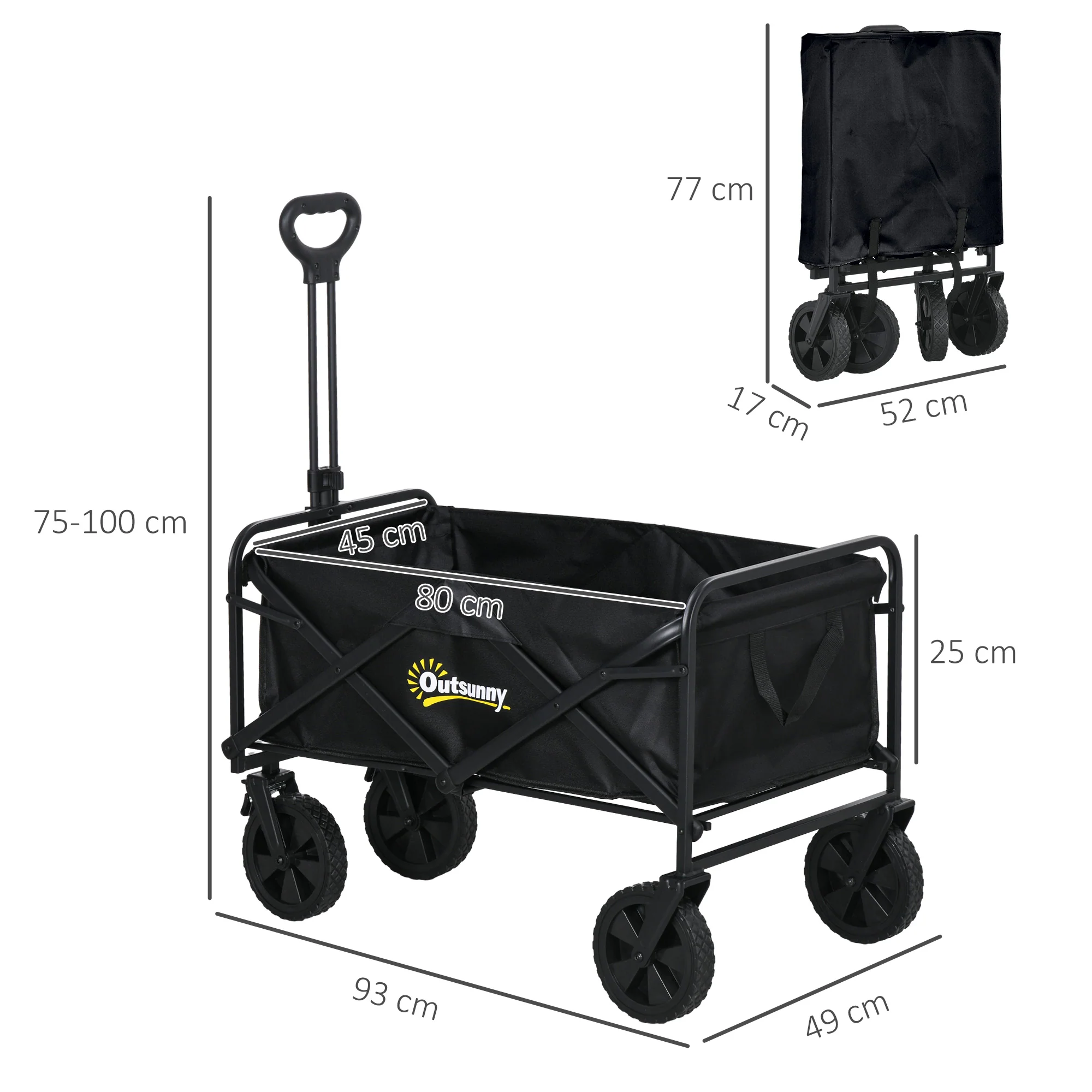 Outsunny Folding Outdoor Storage Trolley Cart Bag Telescopic Handle Brakes Black - Image 5