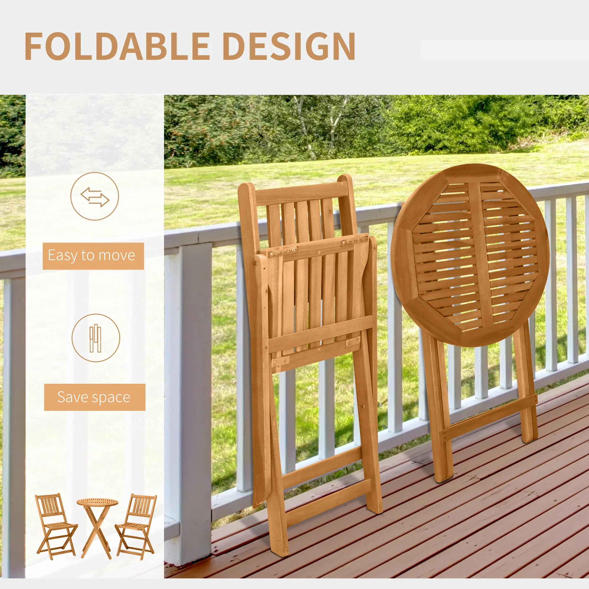 Outsunny Folding Patio Bistro Set Of 3 Dining Table Set With 2 Foldable Chairs - Image 4
