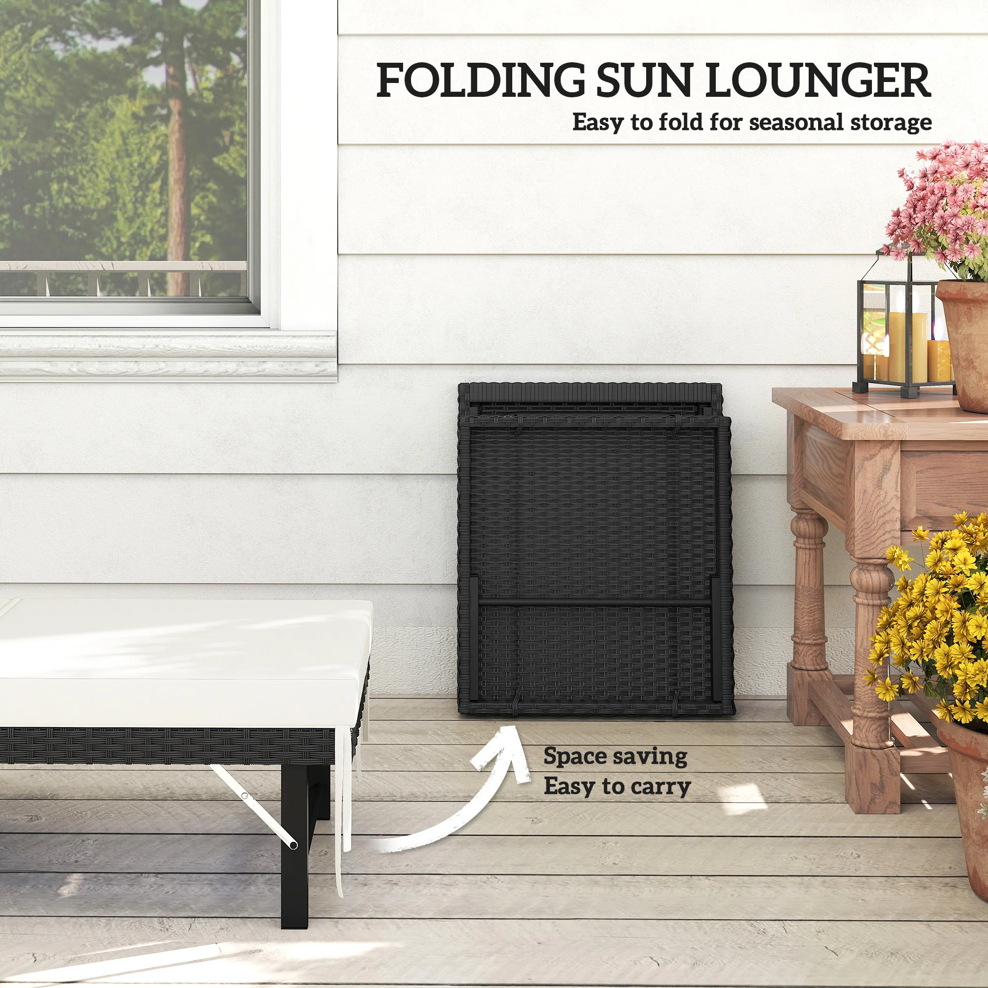 Outsunny Folding Rattan Sun Lounger with Adjustable Back, Cushion, Black - Image 4