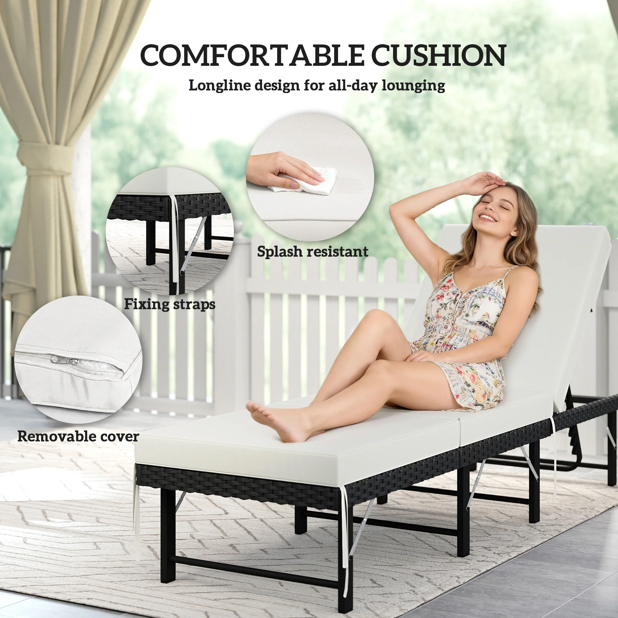 Outsunny Folding Rattan Sun Lounger with Adjustable Back, Cushion, Black - Image 7