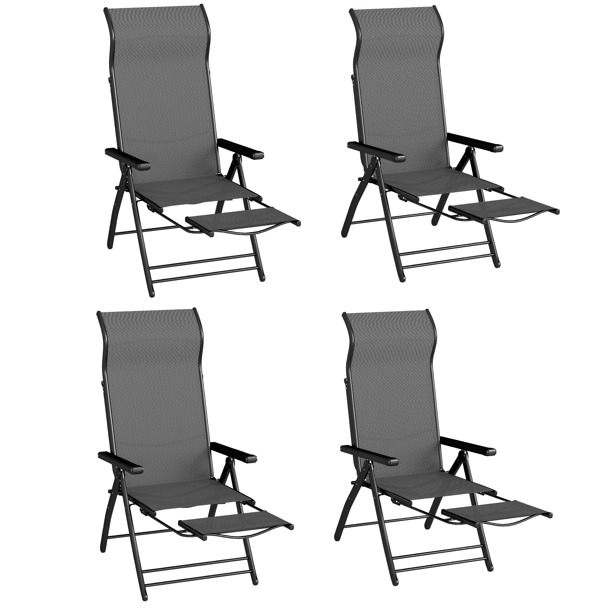 Outsunny Folding Reclining Garden Chairs Set Of 2 With Footrest, Dark Grey