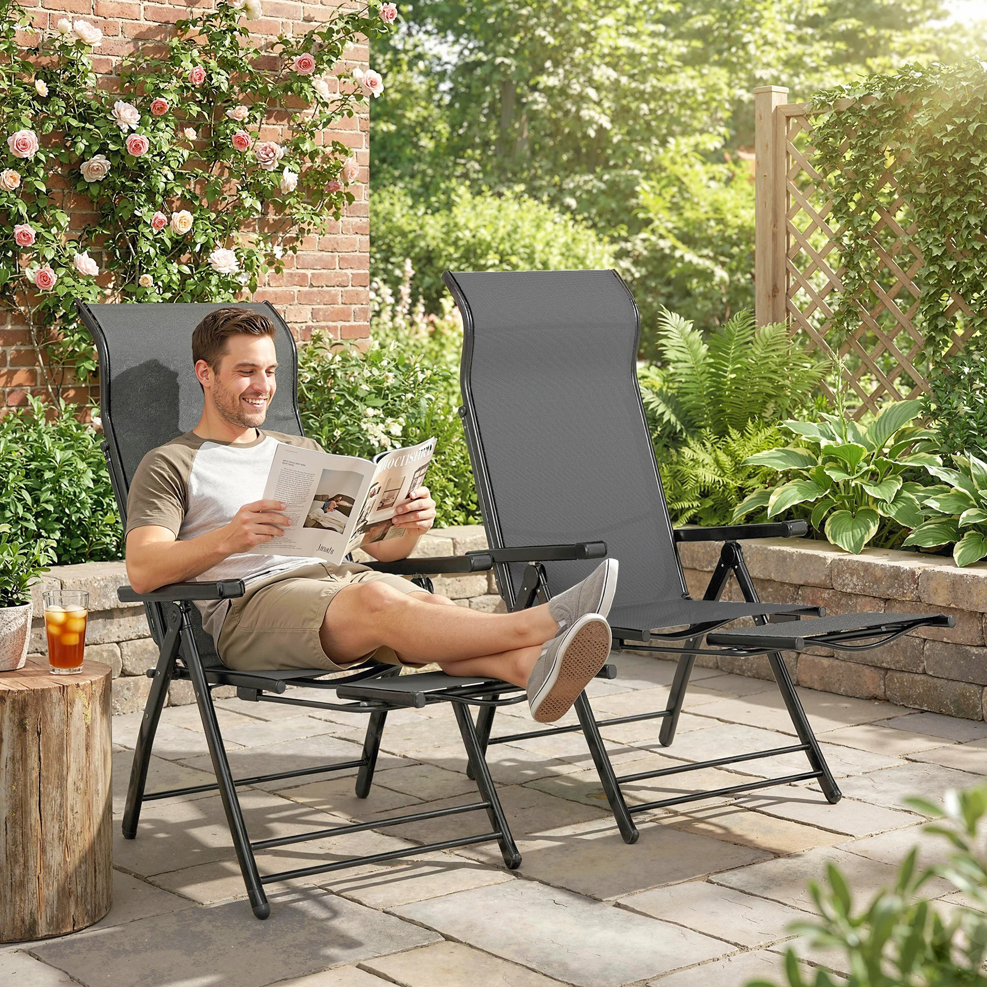 Outsunny Folding Reclining Garden Chairs Set Of 2 With Footrest, Dark Grey - Image 2