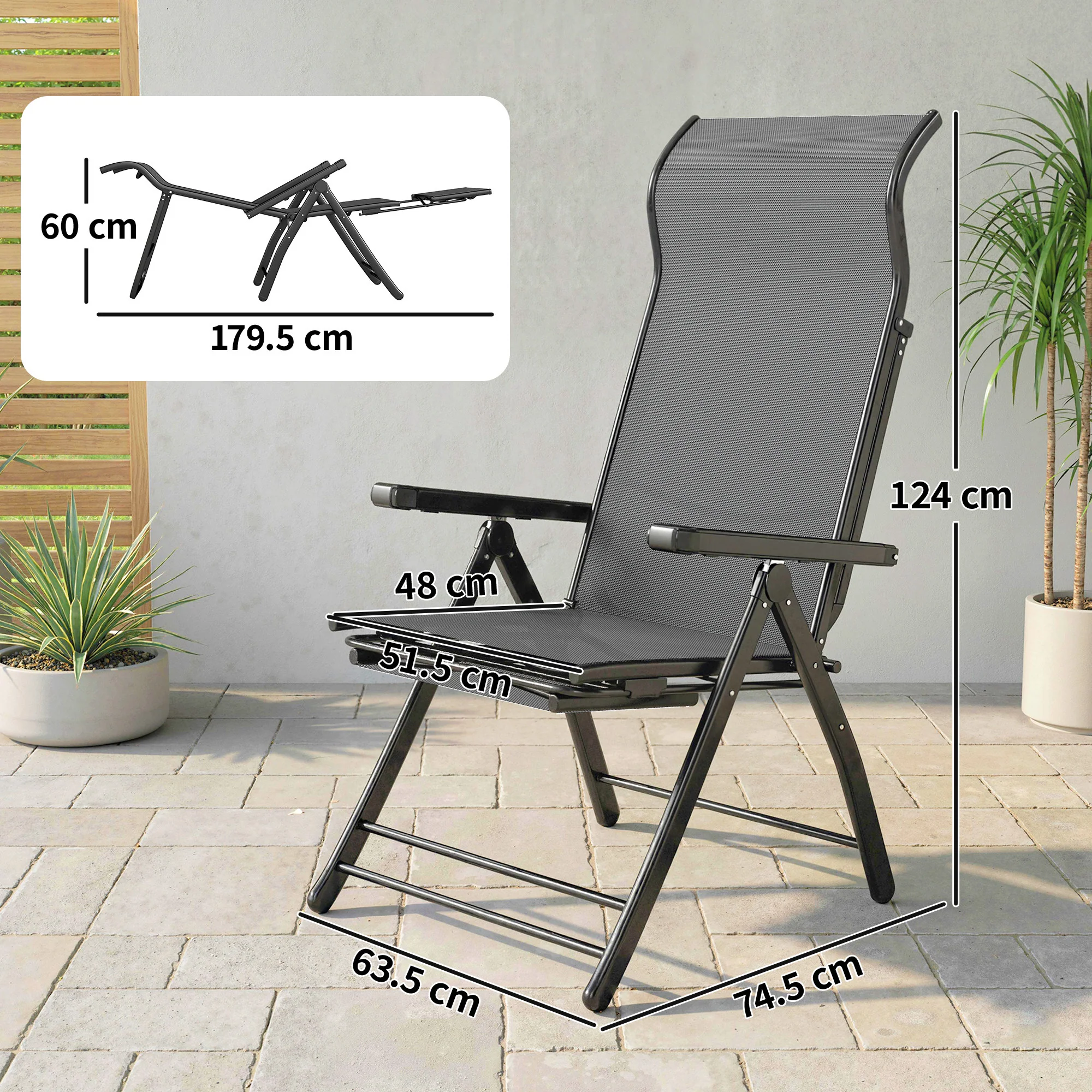 Outsunny Folding Reclining Garden Chairs Set Of 2 With Footrest, Dark Grey - Image 3