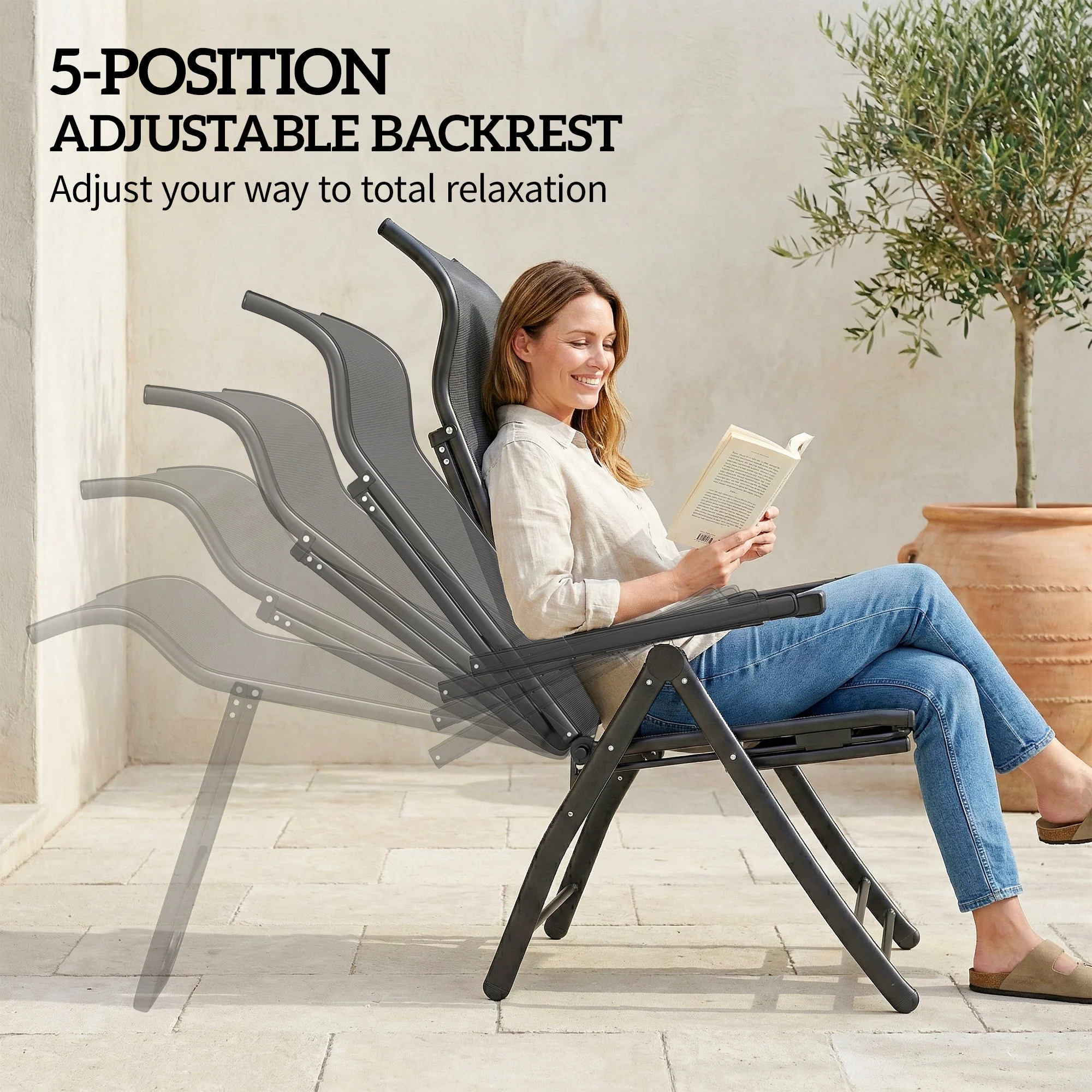 Outsunny Folding Reclining Garden Chairs Set Of 2 With Footrest, Dark Grey - Image 4