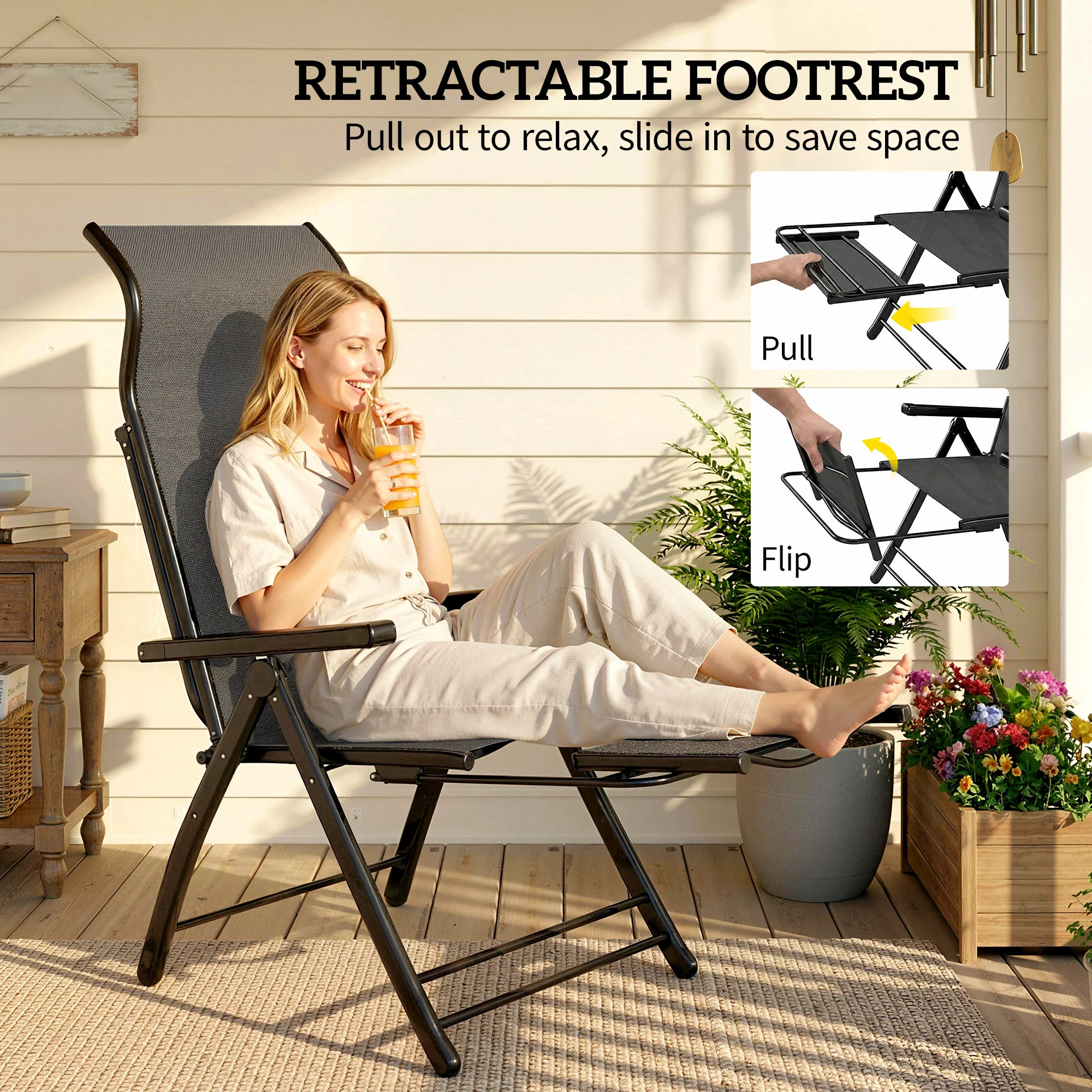 Outsunny Folding Reclining Garden Chairs Set Of 2 With Footrest, Dark Grey - Image 5