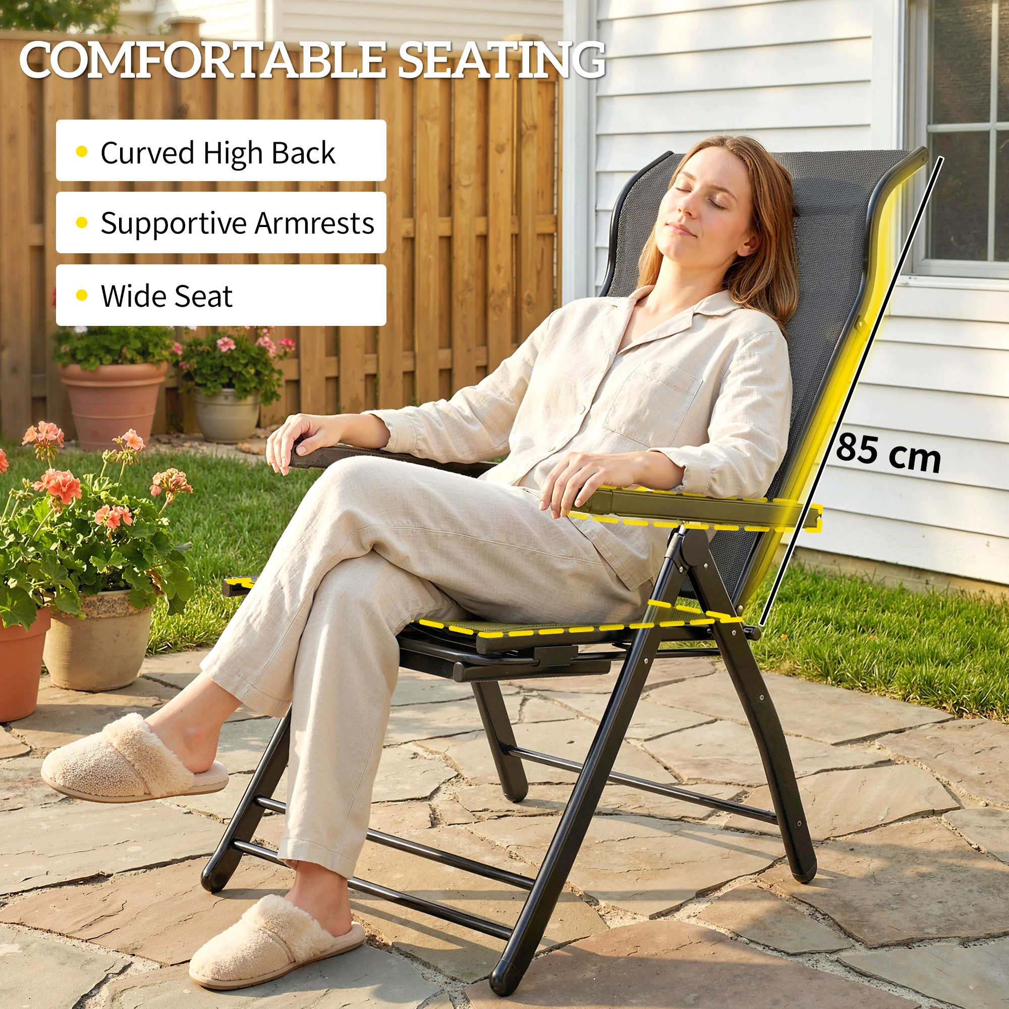 Outsunny Folding Reclining Garden Chairs Set Of 2 With Footrest, Dark Grey - Image 6
