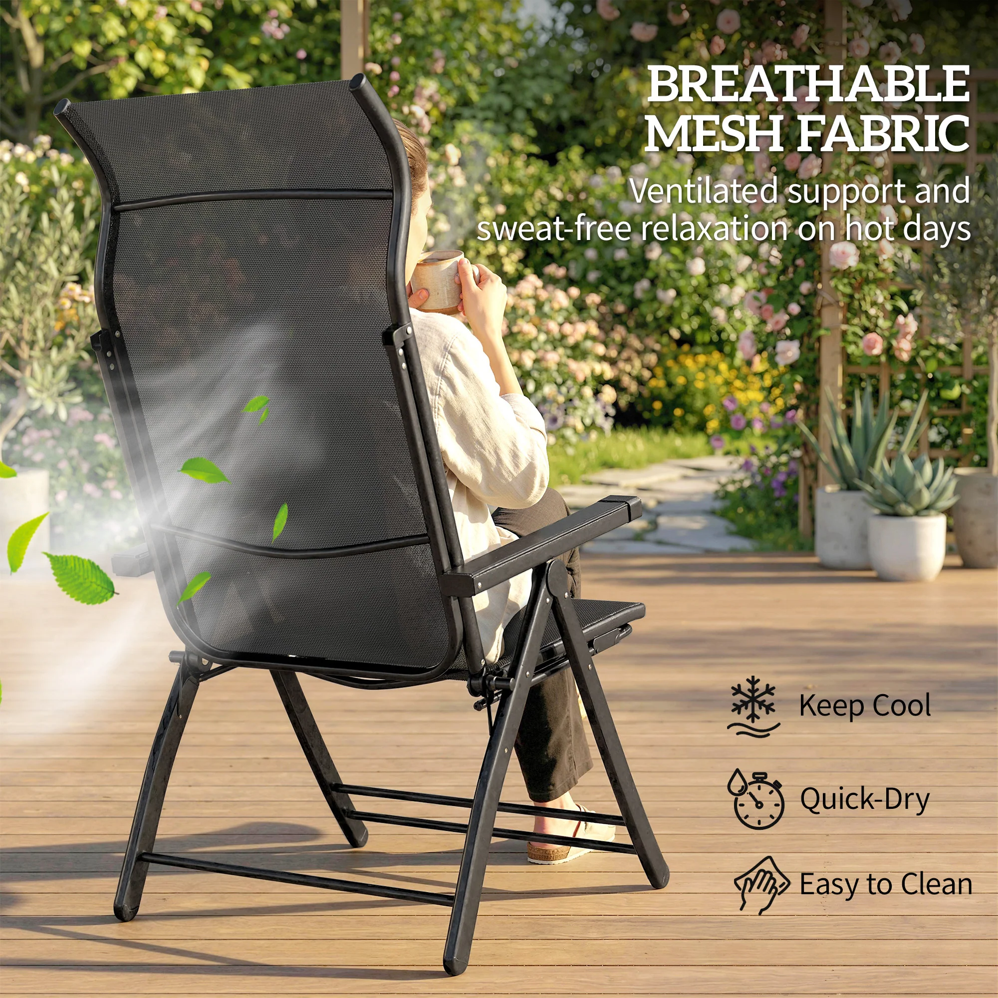 Outsunny Folding Reclining Garden Chairs Set Of 2 With Footrest, Dark Grey - Image 7