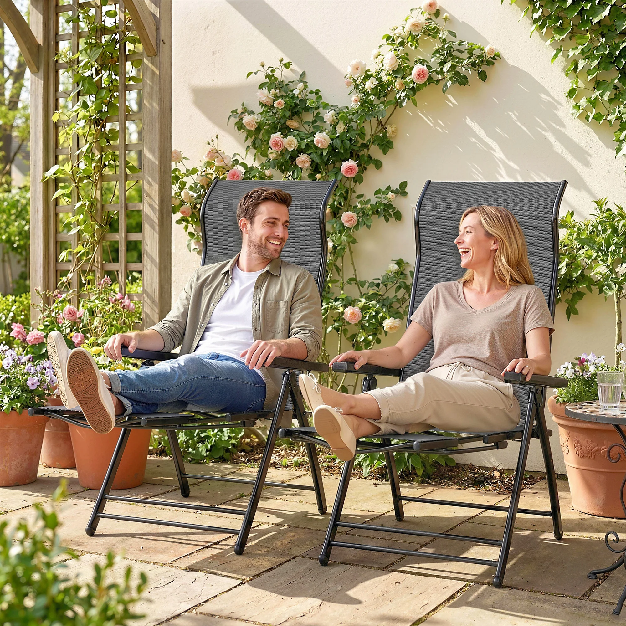 Outsunny Folding Reclining Garden Chairs Set Of 2 With Footrest, Dark Grey - Image 9