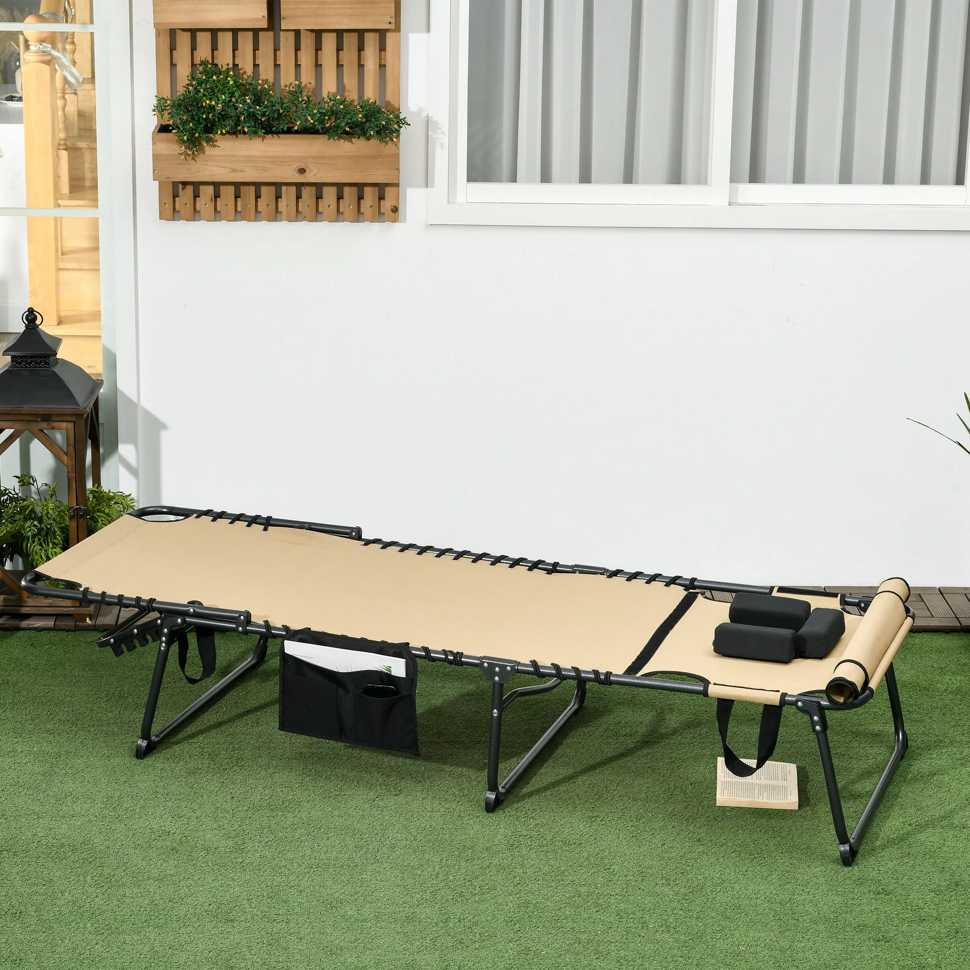 Outsunny Folding Sun Lounge W/ Reclining Back, Sun Lounge W/ Reading Hole - Beige/Grey - Image 11