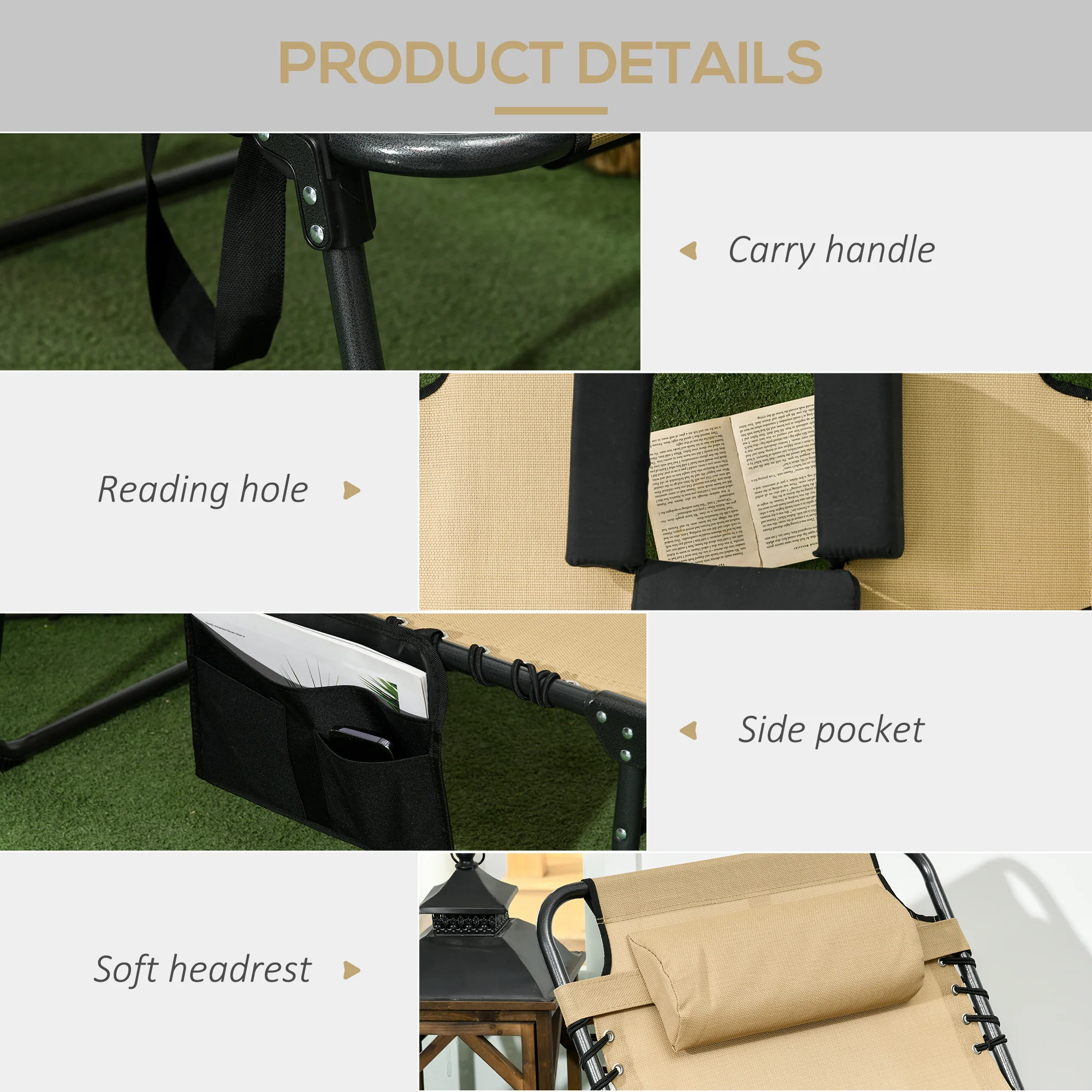 Outsunny Folding Sun Lounge W/ Reclining Back, Sun Lounge W/ Reading Hole - Beige/Grey - Image 13