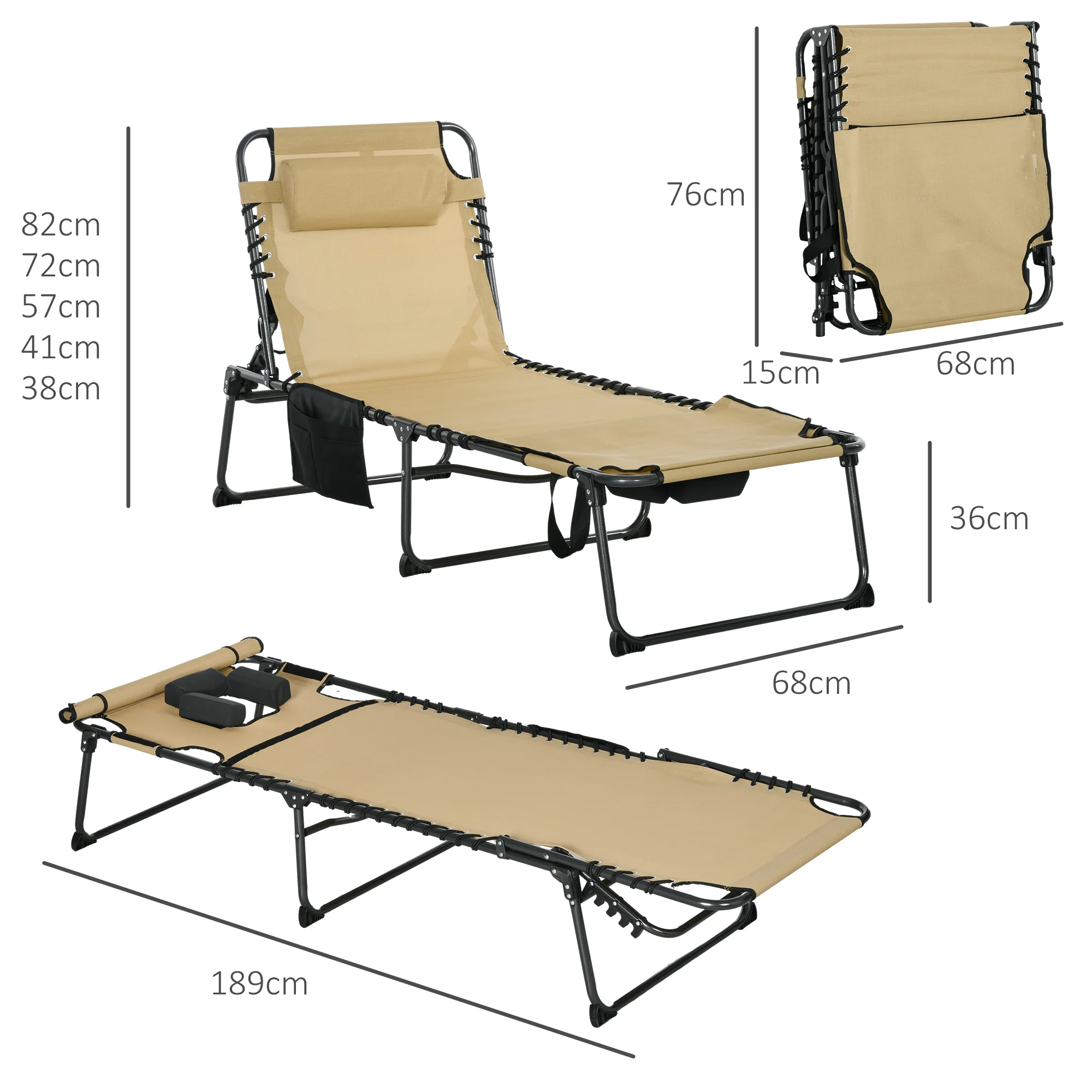 Outsunny Folding Sun Lounge W/ Reclining Back, Sun Lounge W/ Reading Hole - Beige/Grey - Image 14