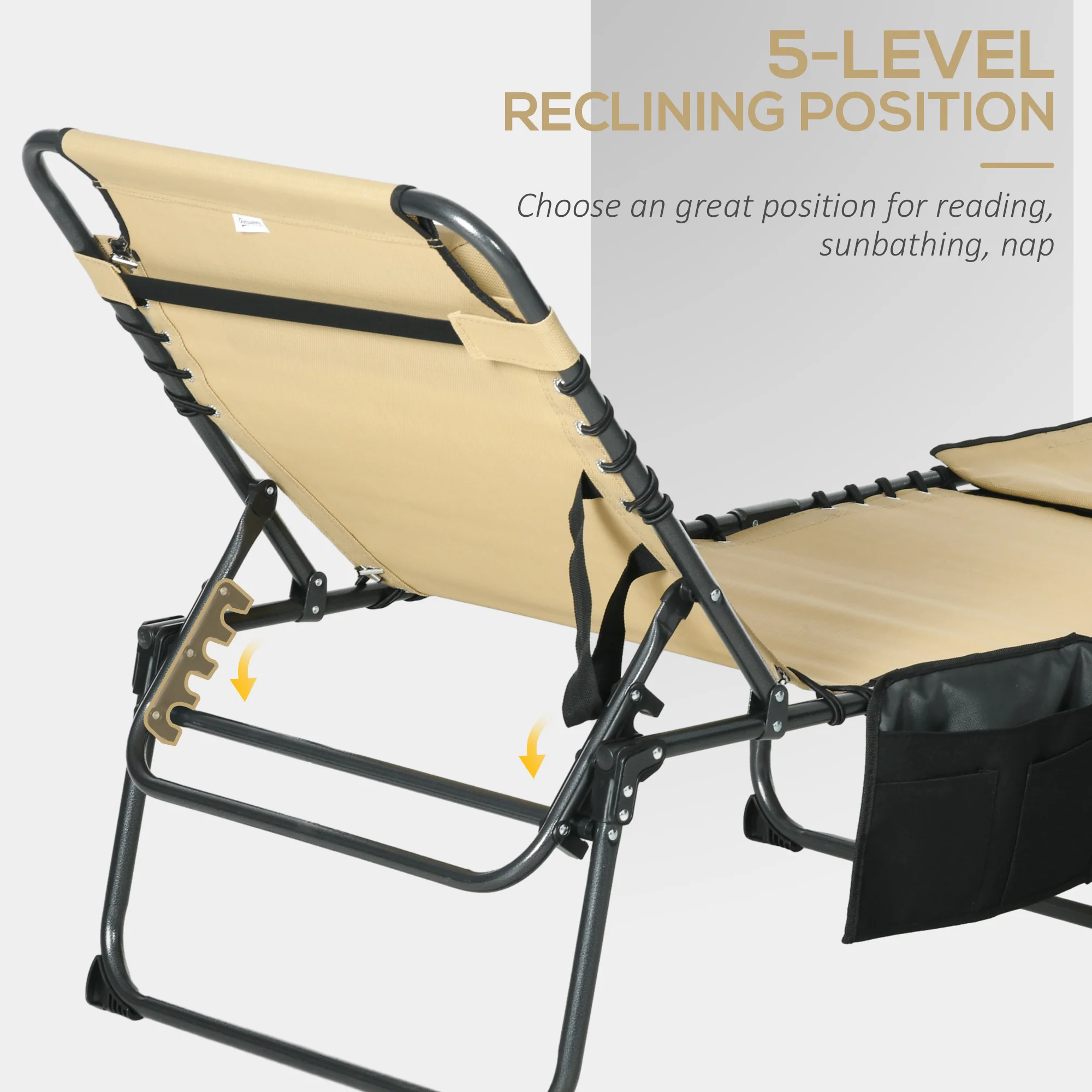 Outsunny Folding Sun Lounge W/ Reclining Back, Sun Lounge W/ Reading Hole - Beige/Grey - Image 15