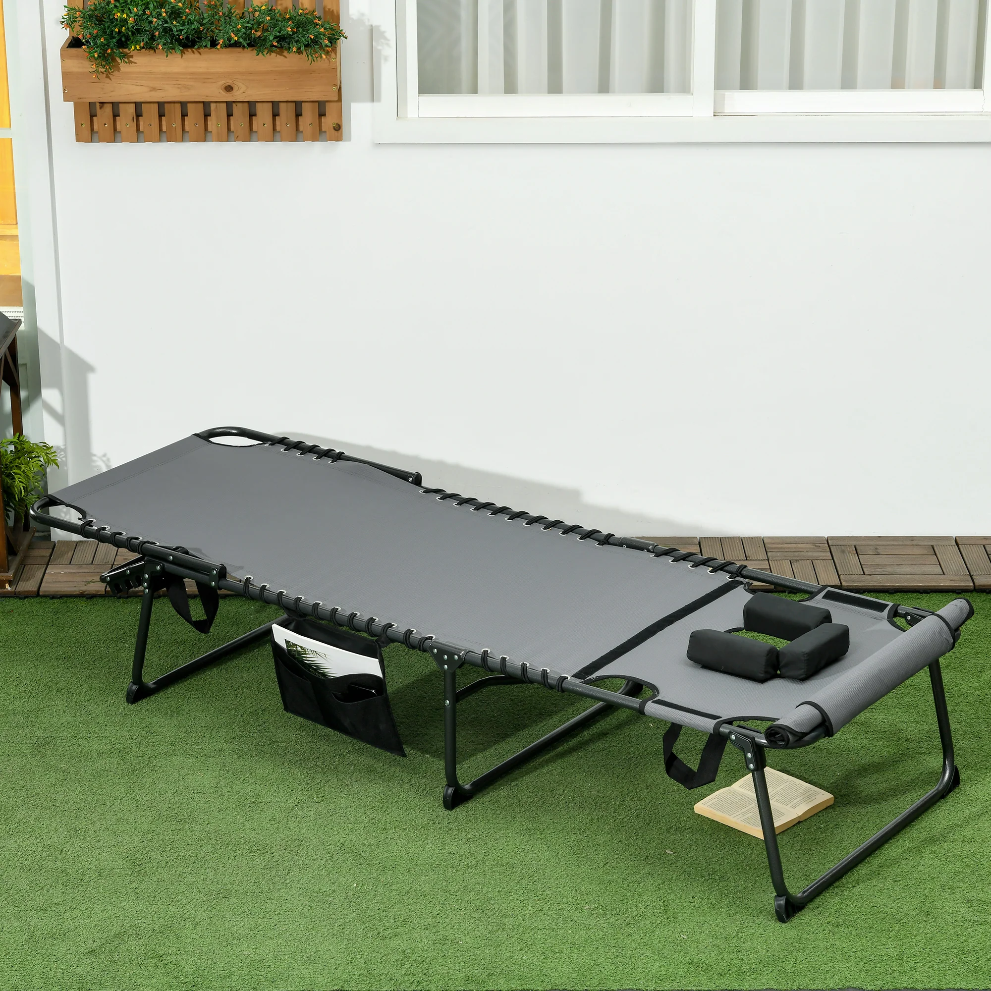 Outsunny Folding Sun Lounge W/ Reclining Back, Sun Lounge W/ Reading Hole - Beige/Grey - Image 2