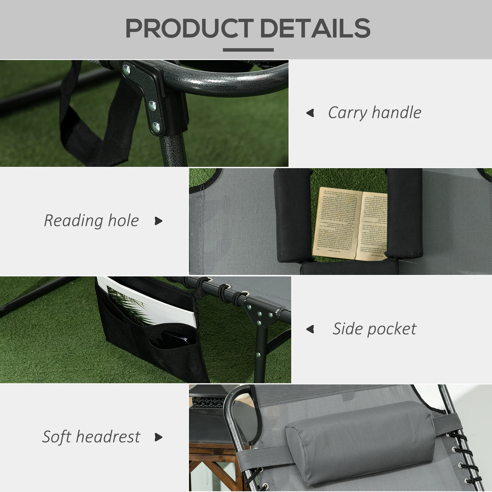 Outsunny Folding Sun Lounge W/ Reclining Back, Sun Lounge W/ Reading Hole - Beige/Grey - Image 4