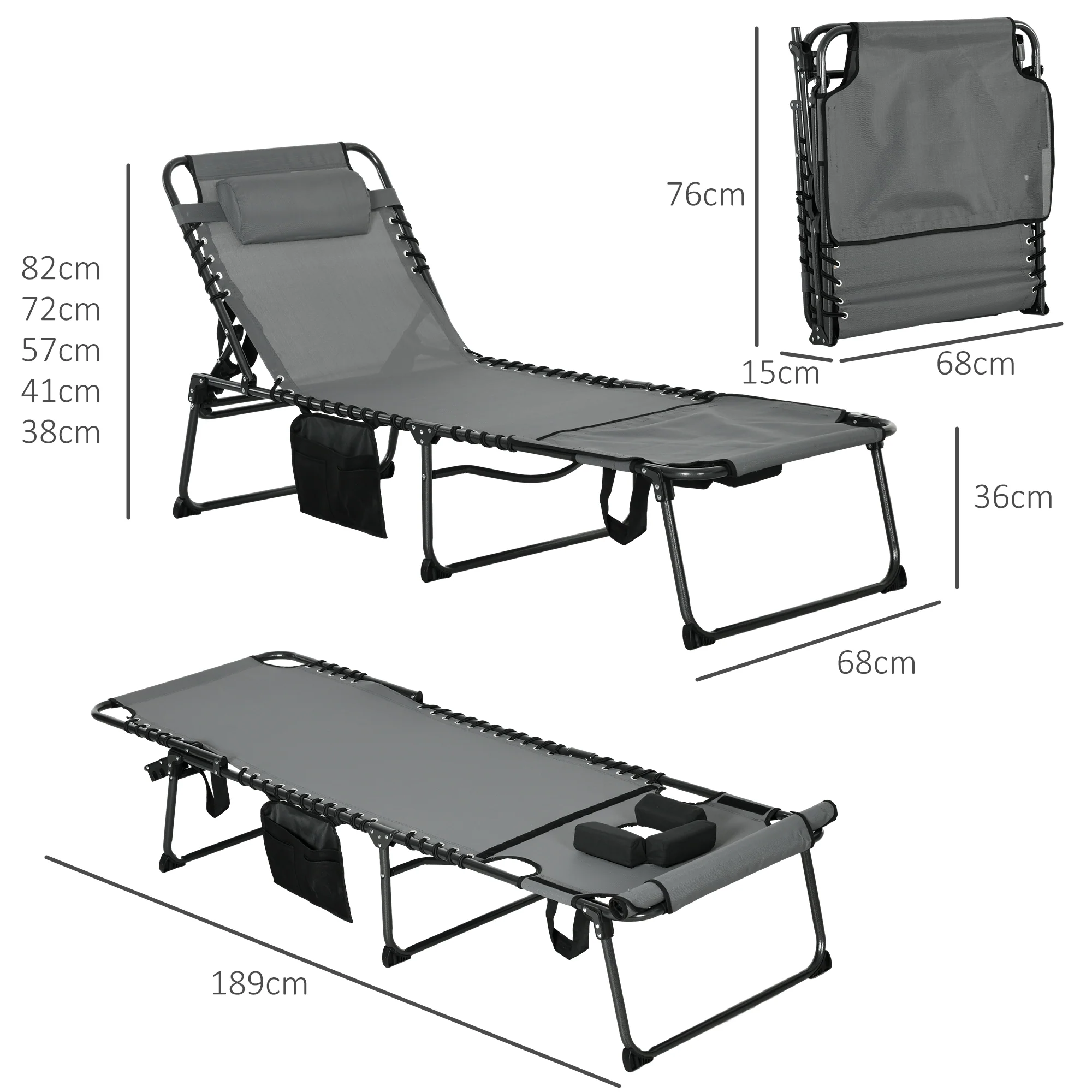 Outsunny Folding Sun Lounge W/ Reclining Back, Sun Lounge W/ Reading Hole - Beige/Grey - Image 5