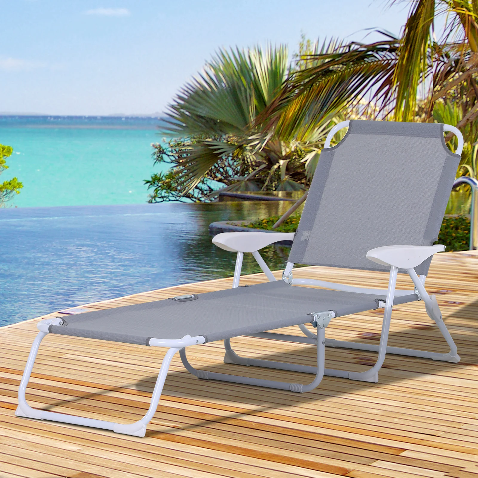 Outsunny Folding Sun Lounger Garden Reclining Lounge Chair 4Level Backrest - Image 2