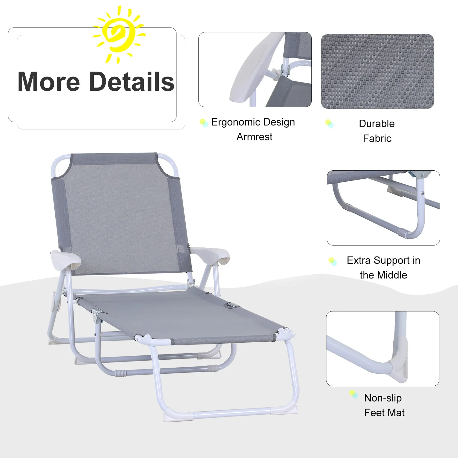 Outsunny Folding Sun Lounger Garden Reclining Lounge Chair 4Level Backrest - Image 3