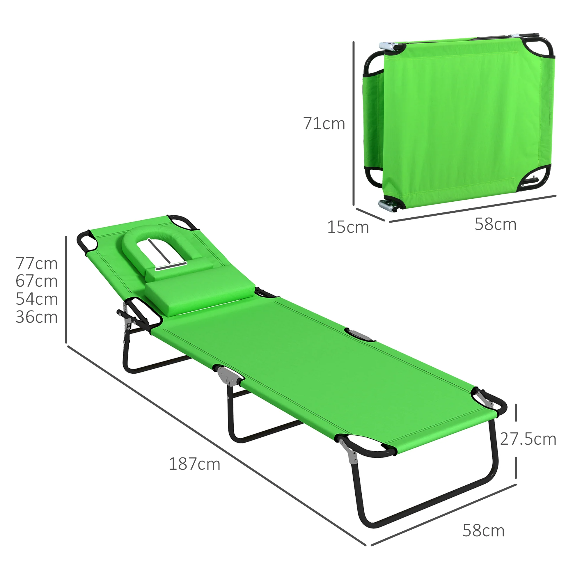 Outsunny Folding Sun Lounger Set of 2 Reclining Chair with Reading Hole Green - Image 5