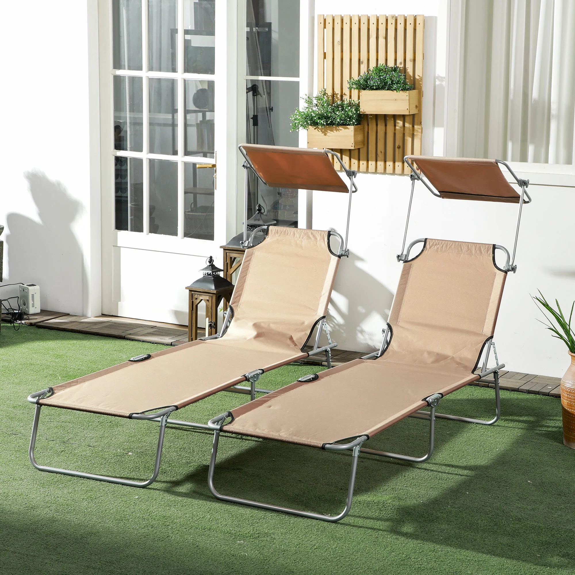 Outsunny Folding Sun Lounger Set Of 2 W/ Sunshade Adjustable Backrest - Image 11