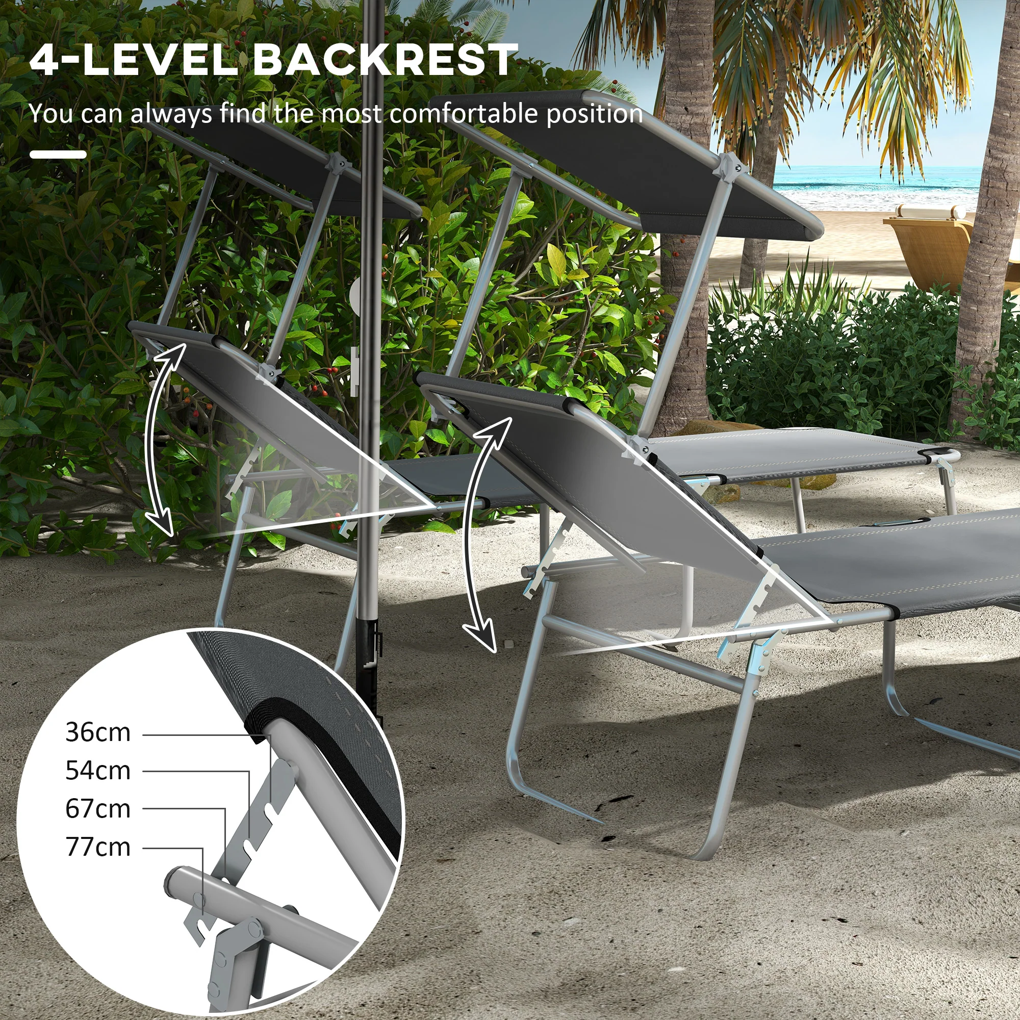 Outsunny Folding Sun Lounger Set of 2 w/ Sunshade Adjustable Backrest - Image 12