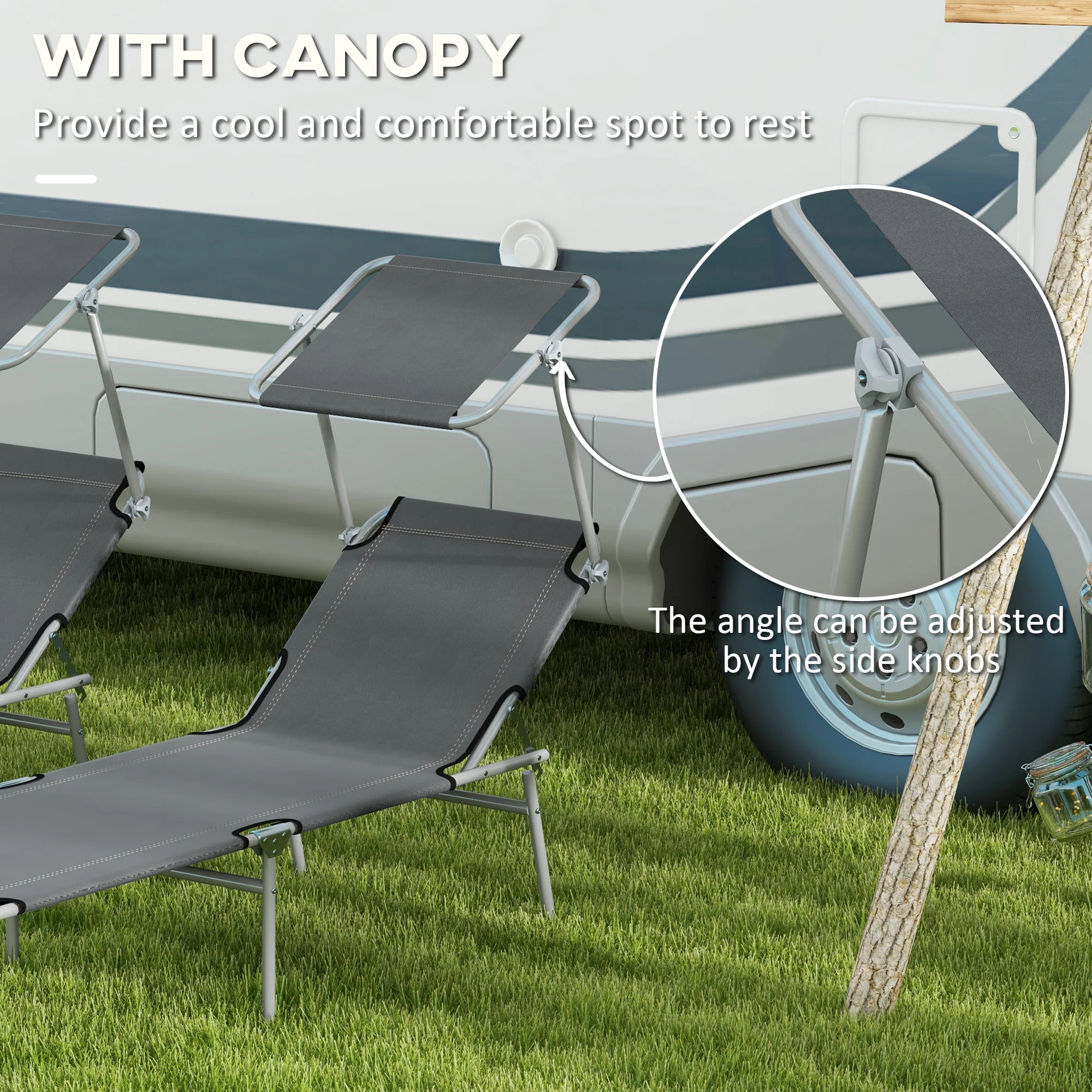 Outsunny Folding Sun Lounger Set of 2 w/ Sunshade Adjustable Backrest - Image 15