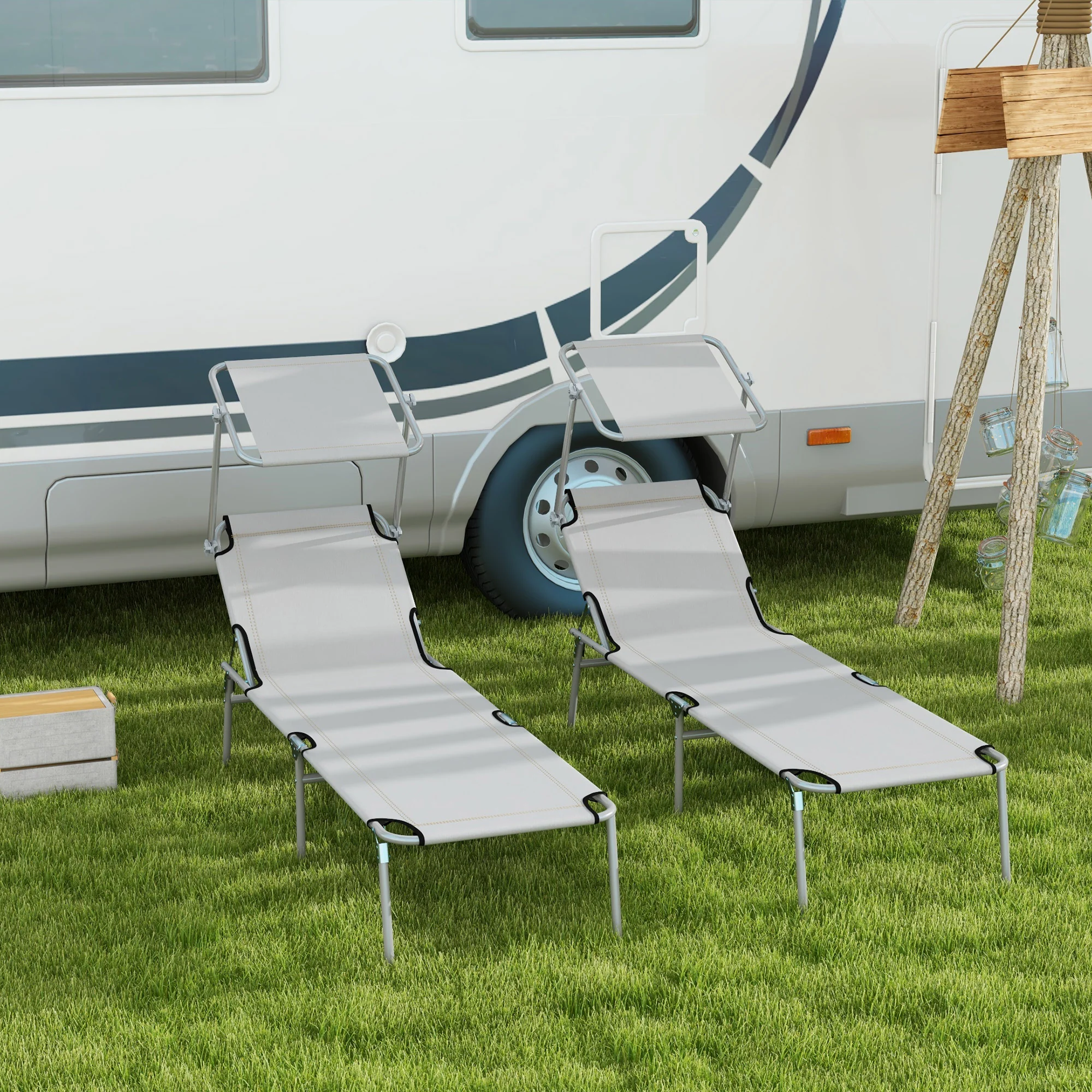 Outsunny Folding Sun Lounger Set of 2 w/ Sunshade Adjustable Backrest - Image 20