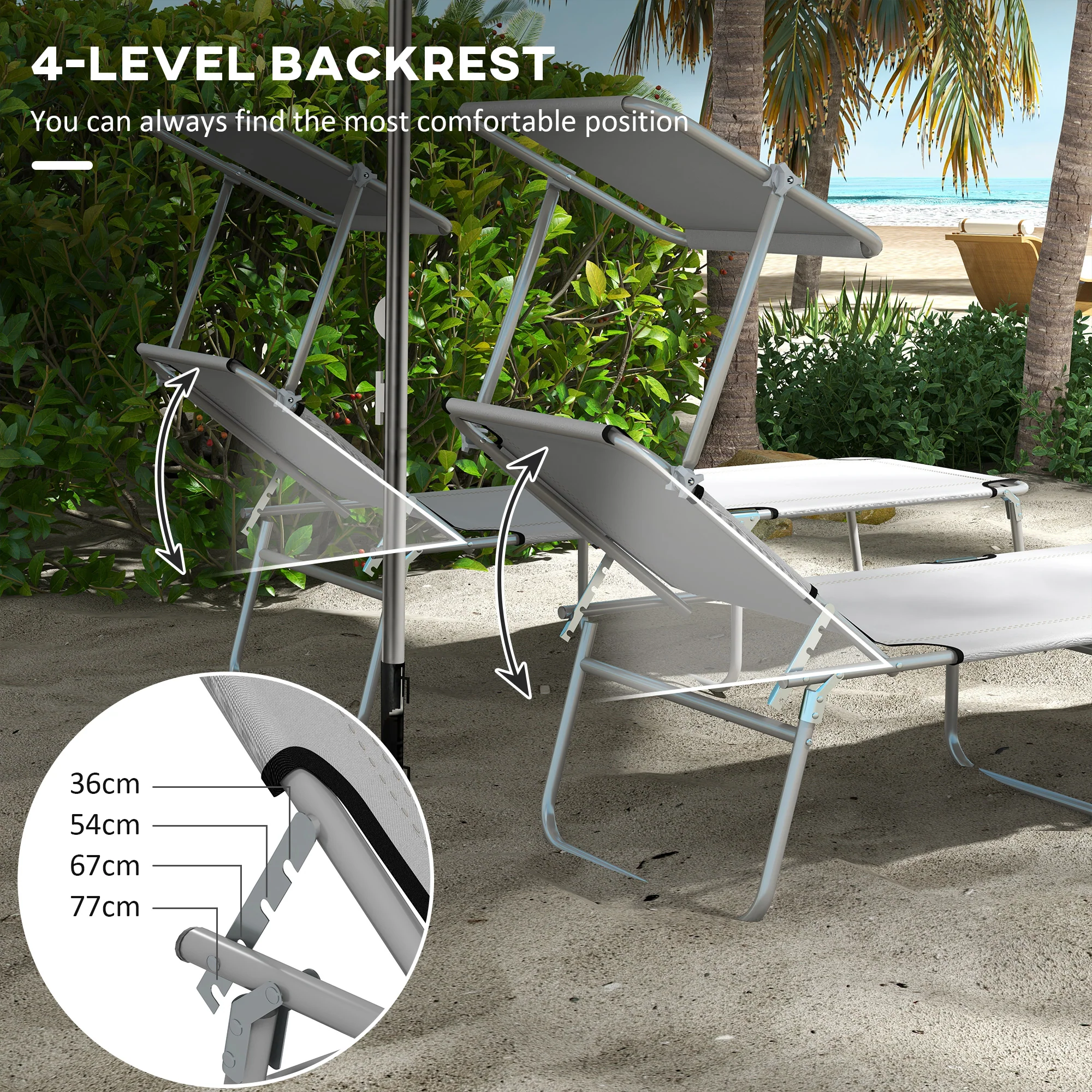 Outsunny Folding Sun Lounger Set of 2 w/ Sunshade Adjustable Backrest - Image 21