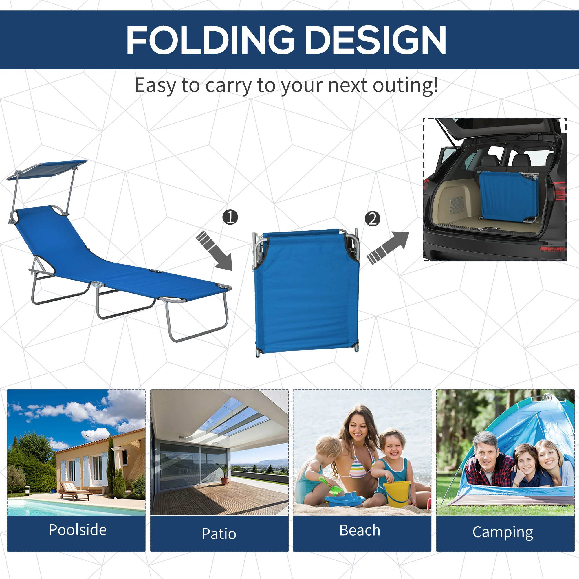 Outsunny Folding Sun Lounger Set of 2 w/ Sunshade Adjustable Backrest - Image 3