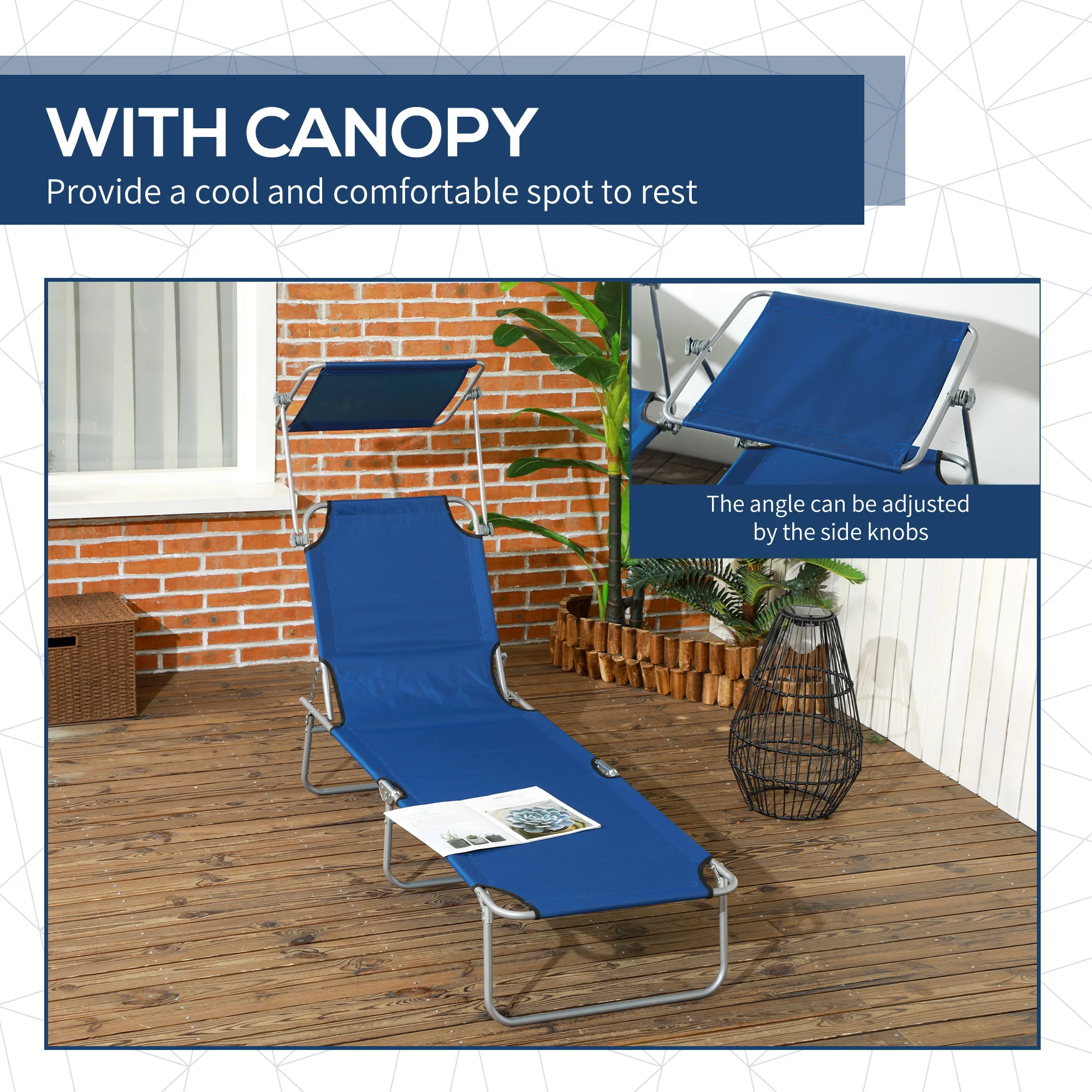Outsunny Folding Sun Lounger Set of 2 w/ Sunshade Adjustable Backrest - Image 6
