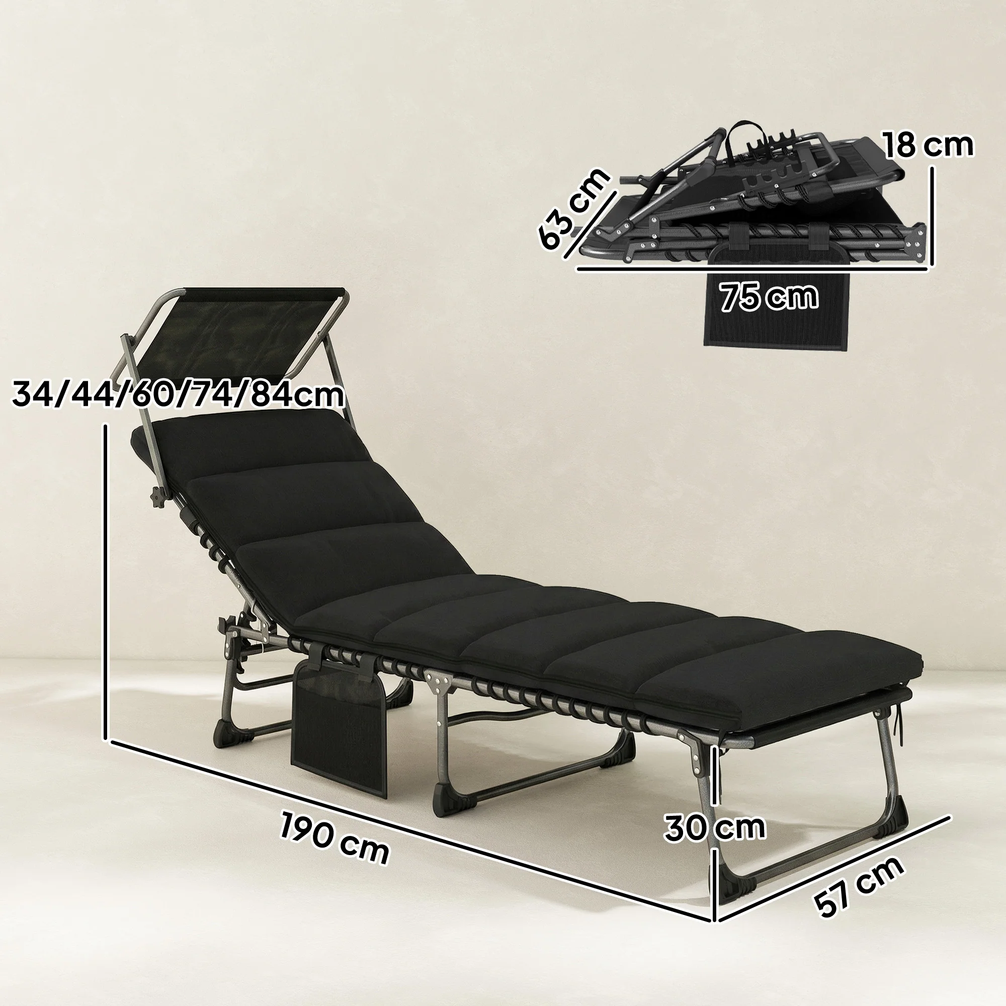 Outsunny Folding Sun Lounger, Sunbed With Canopy, Black - Image 3