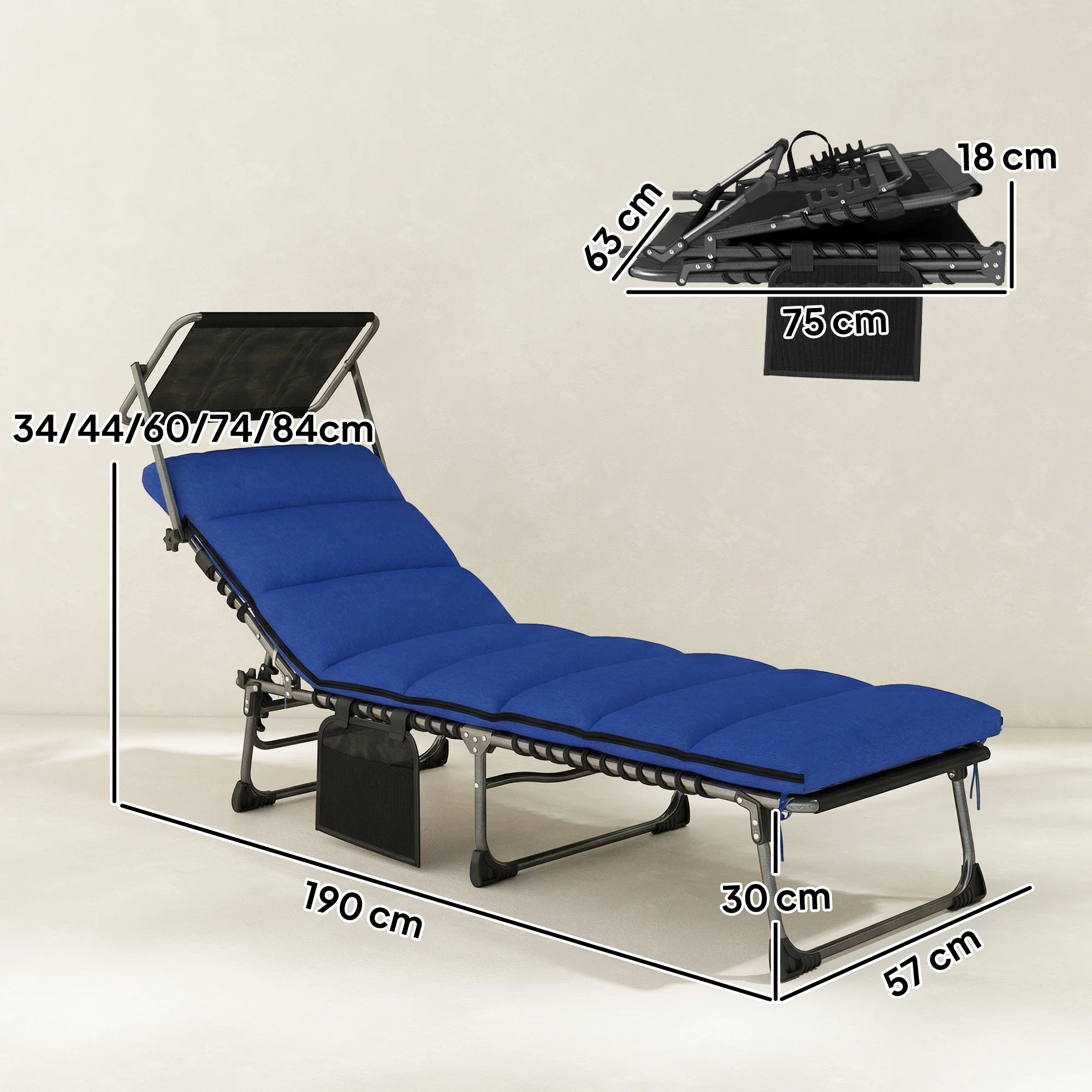 Outsunny Folding Sun Lounger, Sunbed With Canopy, Dark Blue - Image 3