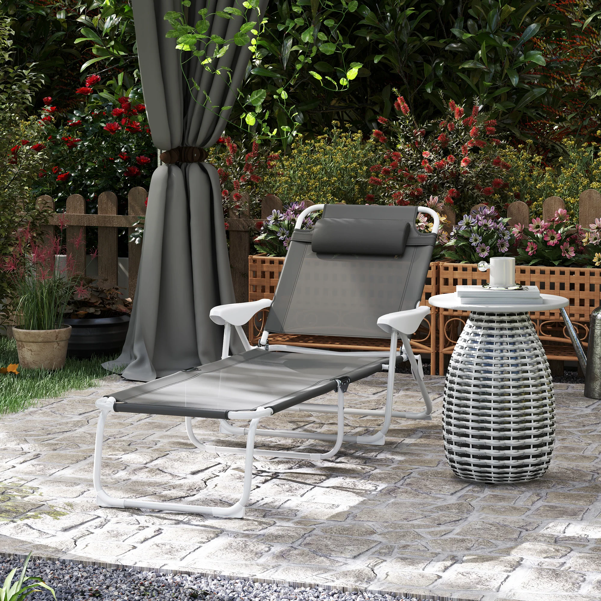 Outsunny Folding Sun Lounger with 4-Level Backrest & Headrest, Charcoal Grey - Image 2