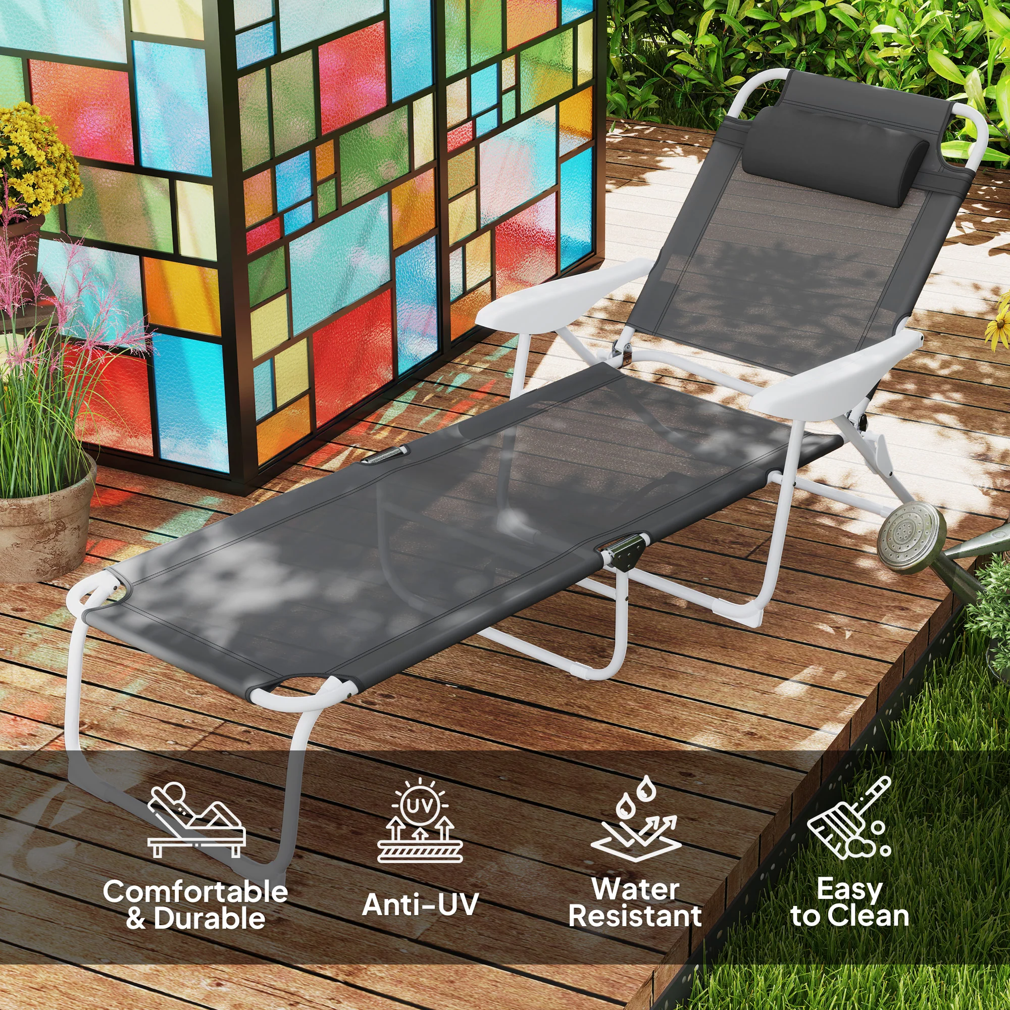 Outsunny Folding Sun Lounger with 4-Level Backrest & Headrest, Charcoal Grey - Image 3