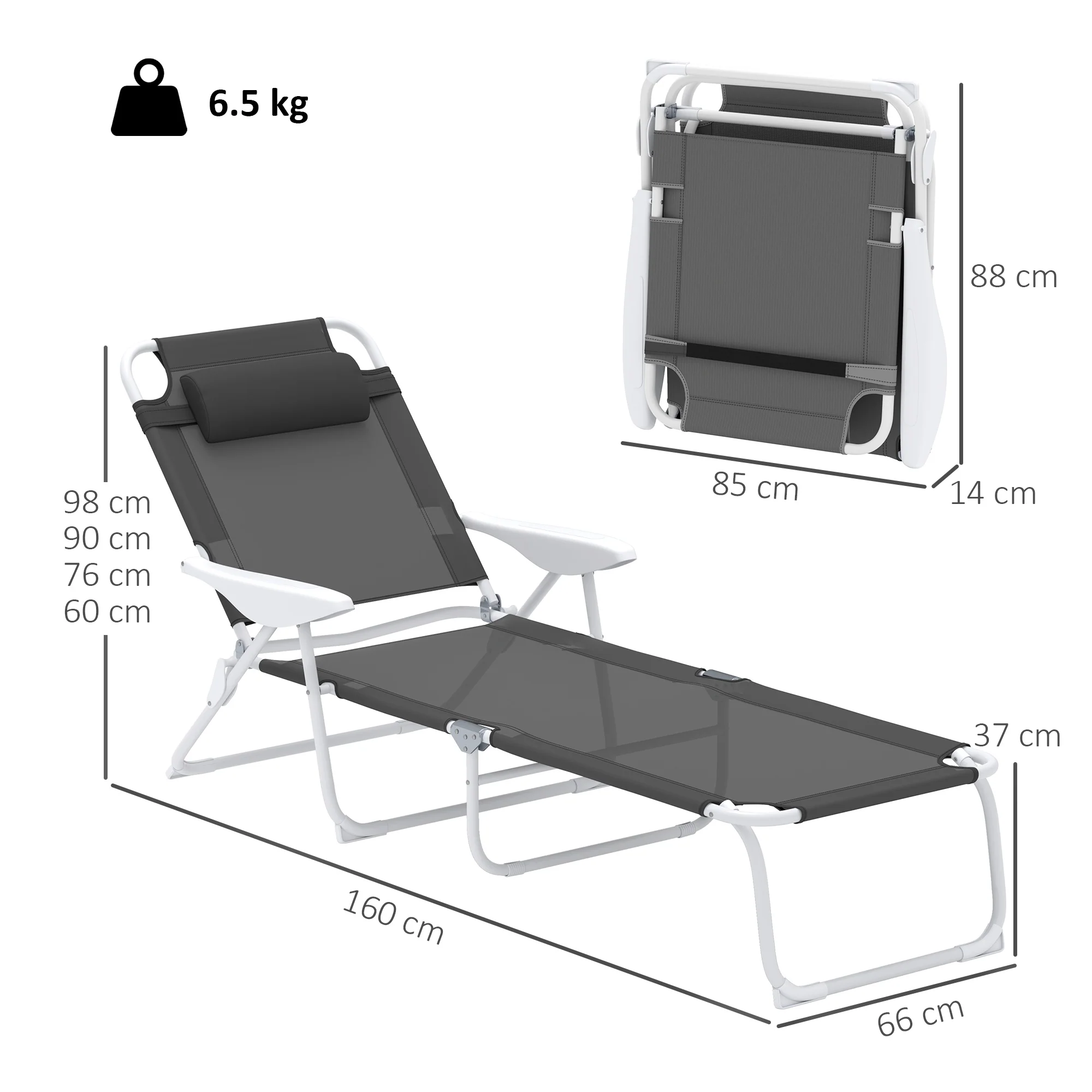 Outsunny Folding Sun Lounger with 4-Level Backrest & Headrest, Charcoal Grey - Image 5